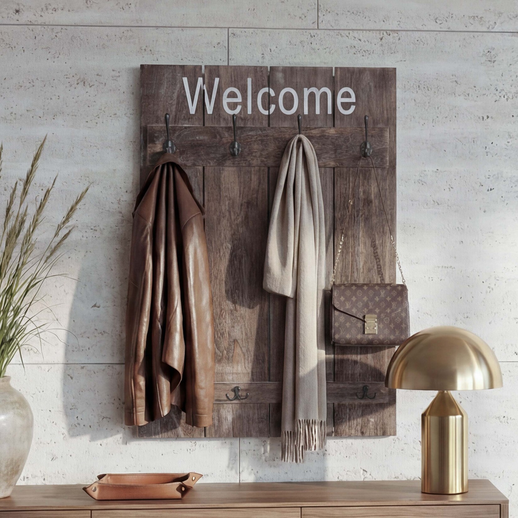 Wandgarderobe MCW-C89 Welcome, Garderobe Garderobenpaneel, Shabby-Look Vintage, 91x60cm ~ braun, shabby | 04057651231747