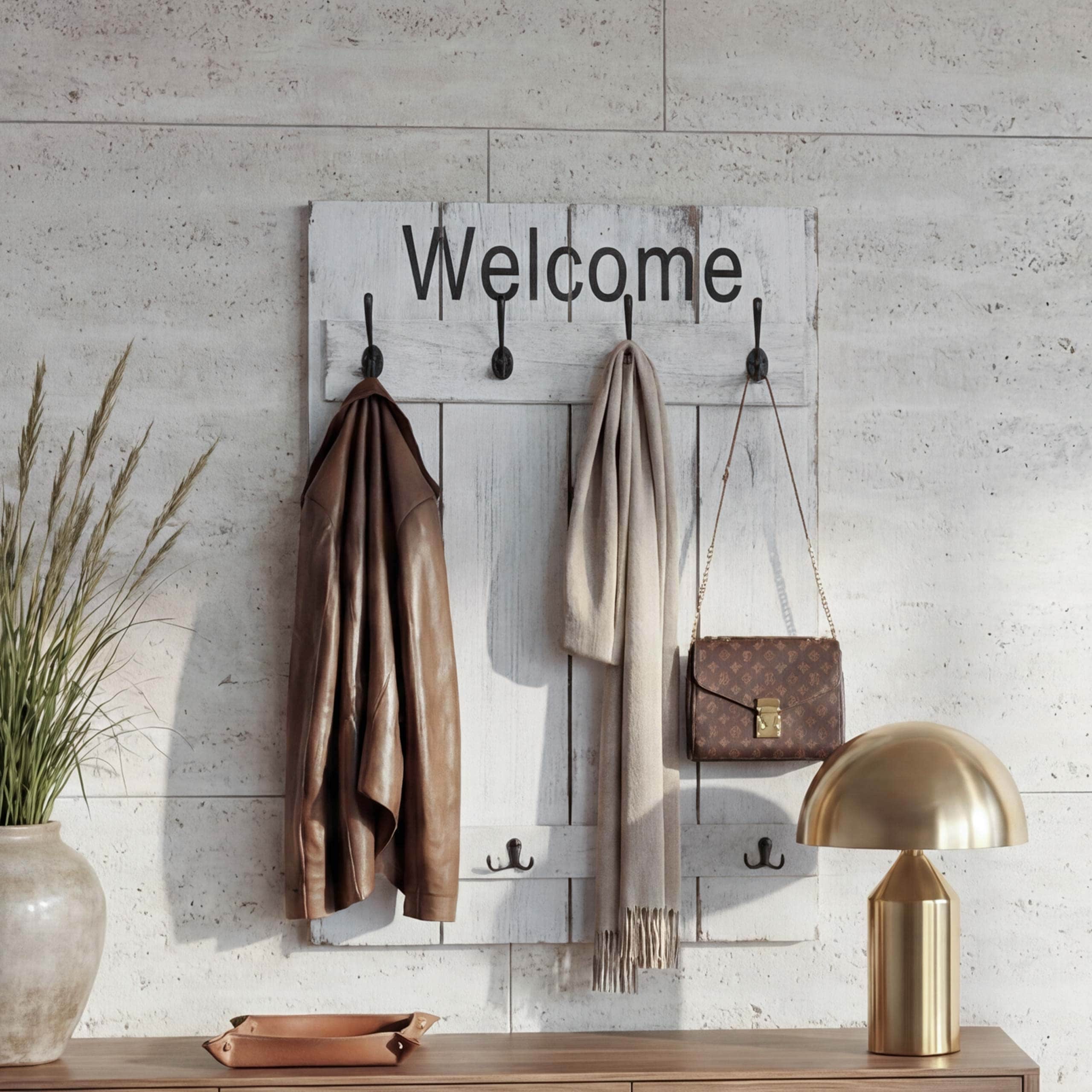 Wandgarderobe MCW-C89 Welcome, Garderobe Garderobenpaneel, Shabby-Look Vintage, 91x60cm ~ wei&szlig;, shabby - Bild 1