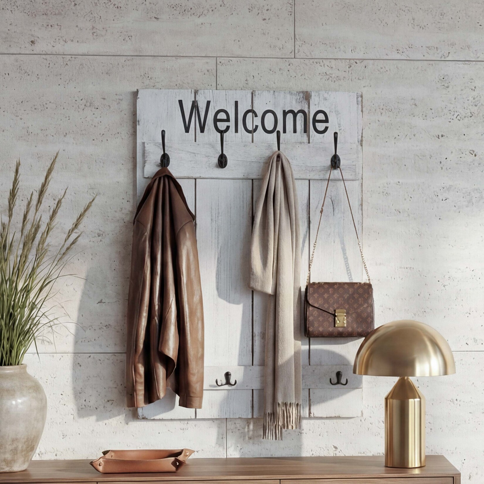 Wandgarderobe MCW-C89 Welcome, Garderobe Garderobenpaneel, Shabby-Look Vintage, 91x60cm ~ weiß, shabby