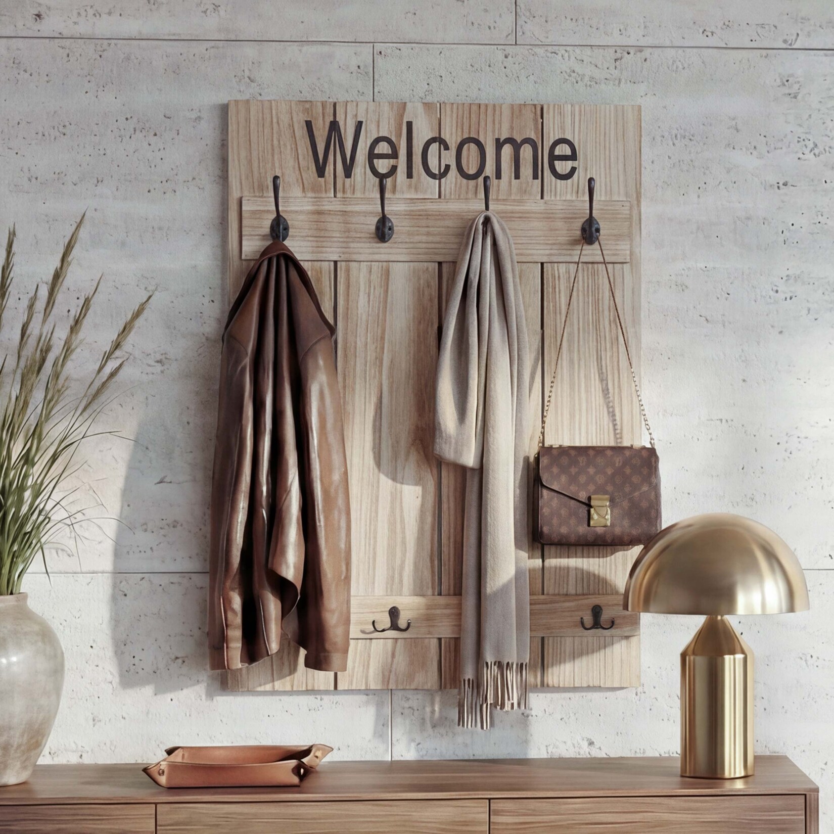 Wandgarderobe MCW-C89 Welcome, Garderobe Garderobenpaneel, Shabby-Look Vintage, 91x60cm ~ naturbraun