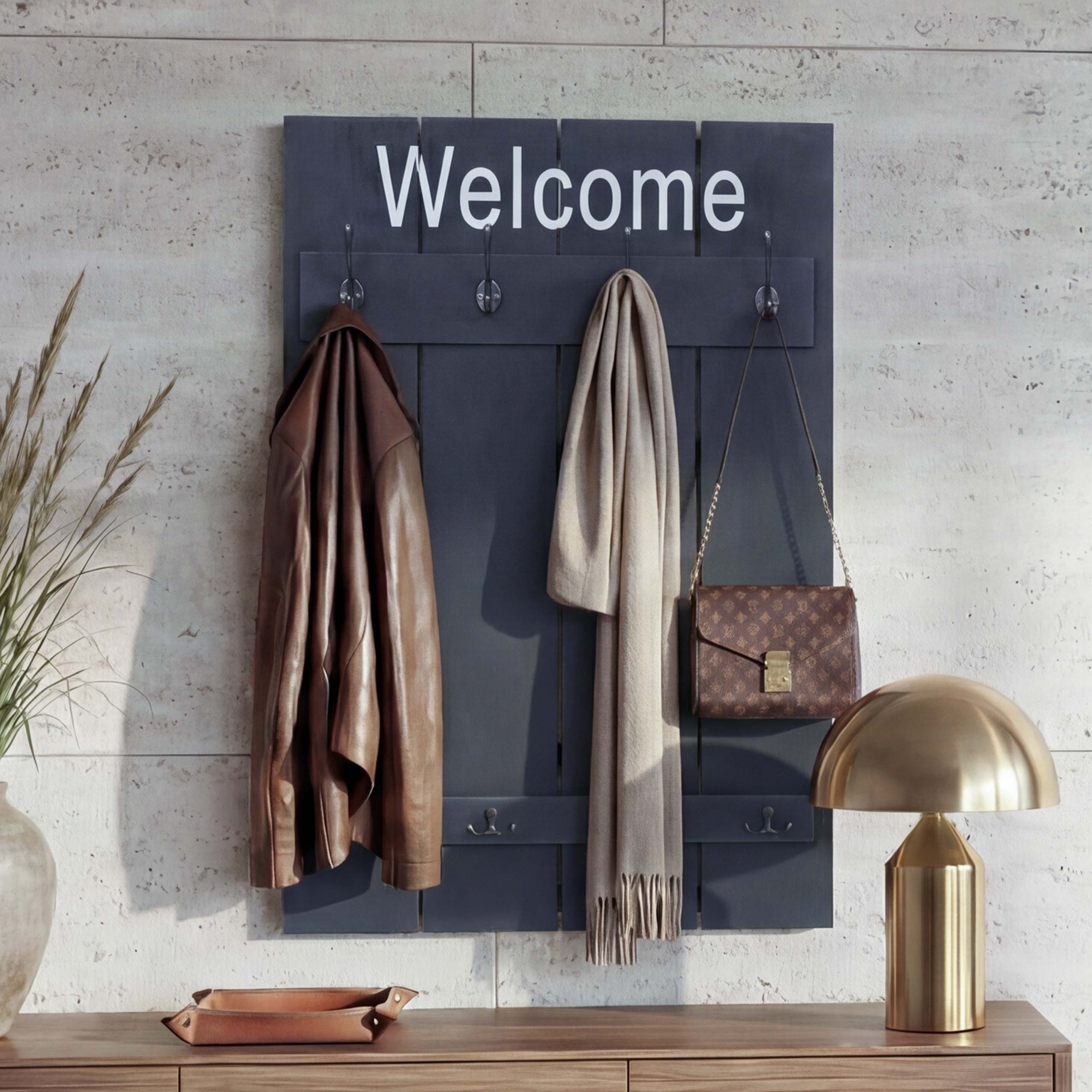 Wandgarderobe MCW-C89 Welcome, Garderobe Garderobenpaneel, Shabby-Look Vintage, 91x60cm ~ dunkelgrau, shabby - Bild 1