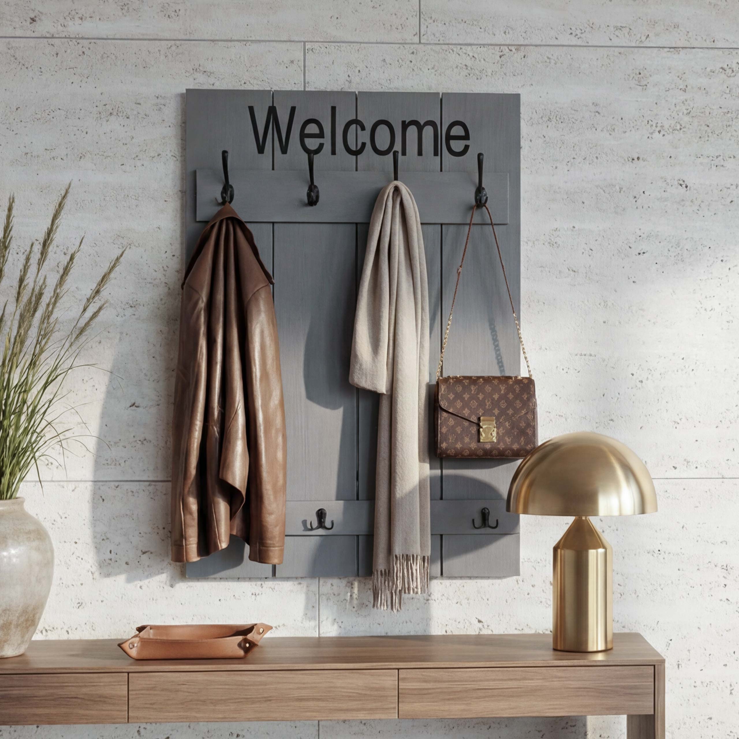 Wandgarderobe MCW-C89 Welcome, Garderobe Garderobenpaneel, Shabby-Look Vintage, 91x60cm ~ grau-blau - Bild 1