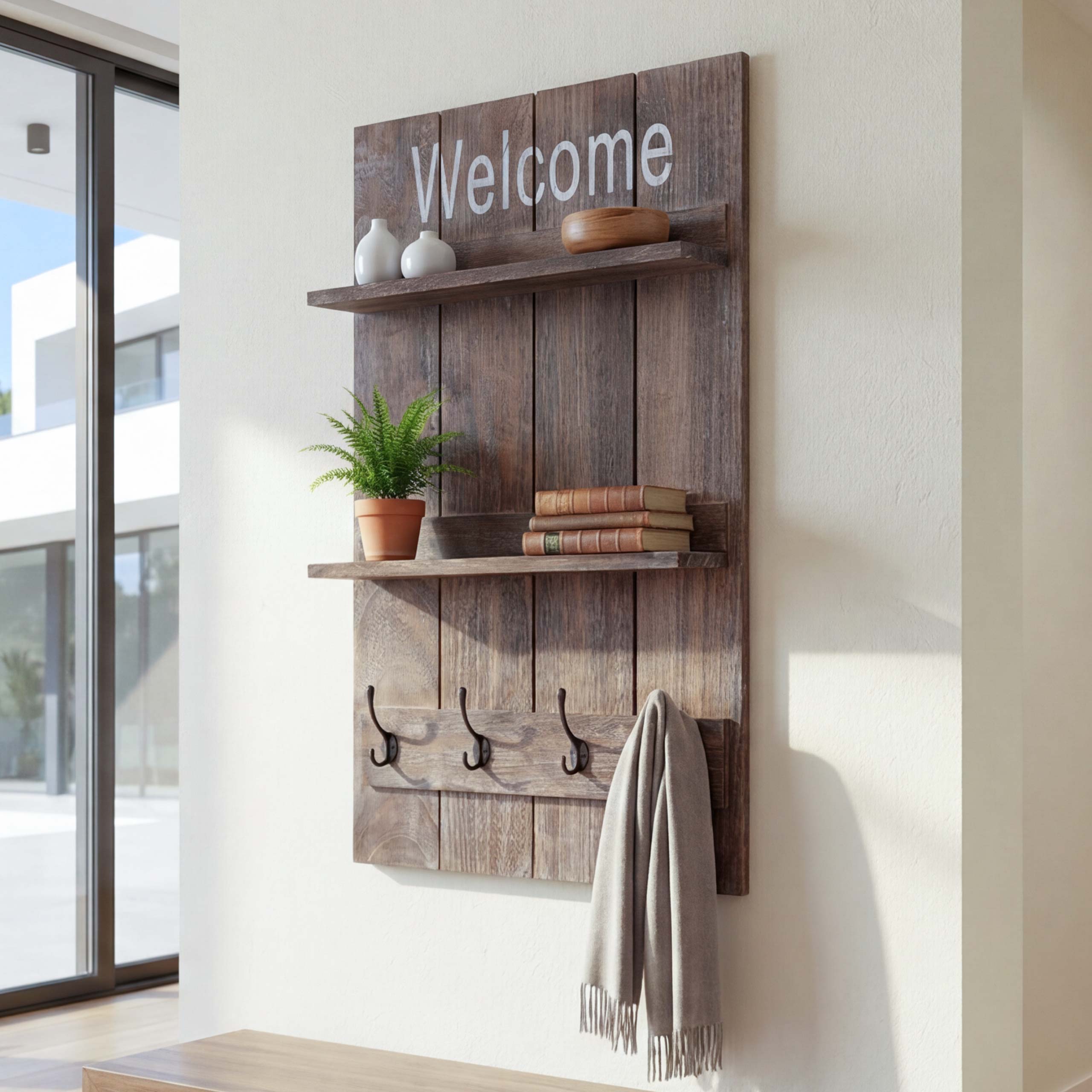 Wandgarderobe MCW-C89 Welcome, Garderobe Garderobenpaneel, Shabby-Look Vintage, 90x60cm ~ braun, shabby - Bild 1