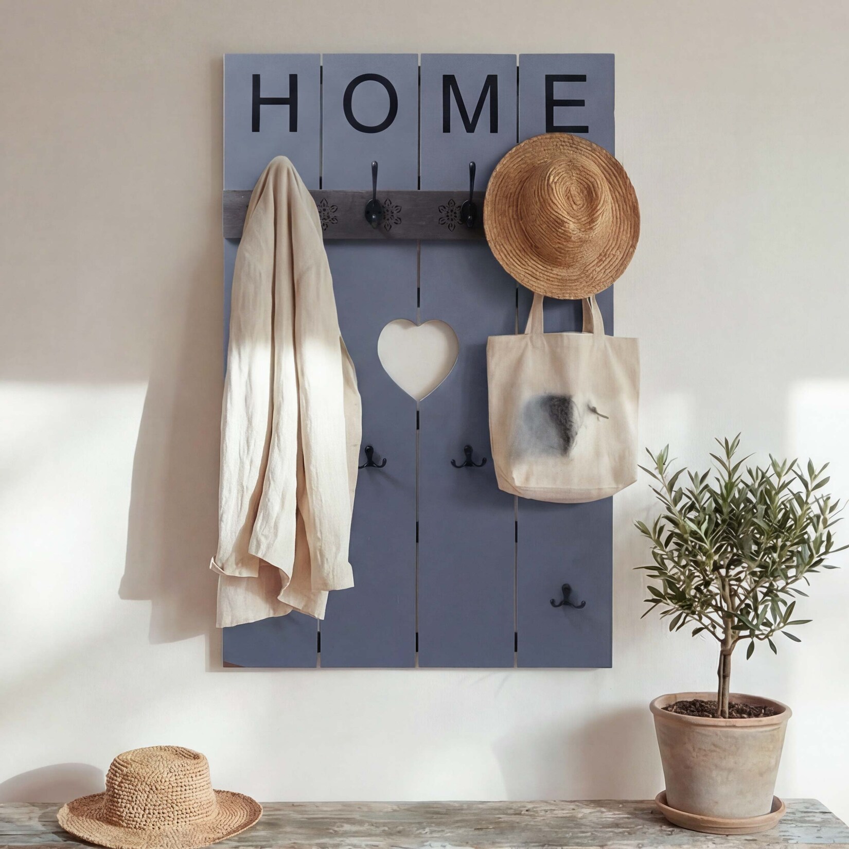 Wandgarderobe MCW-C89 Home, Garderobenpaneel Garderobe, Shabby-Look Vintage, 8 Haken 91x60cm ~ grau-blau