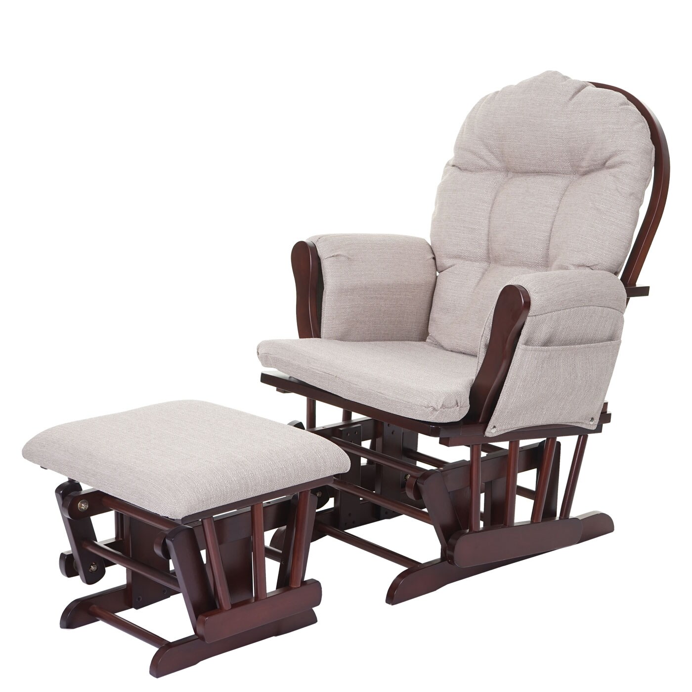 Relaxsessel MCW-C76, Schaukelstuhl Sessel Schwingstuhl mit Hocker ~ Stoff/Textil, creme-grau, Gestell braun