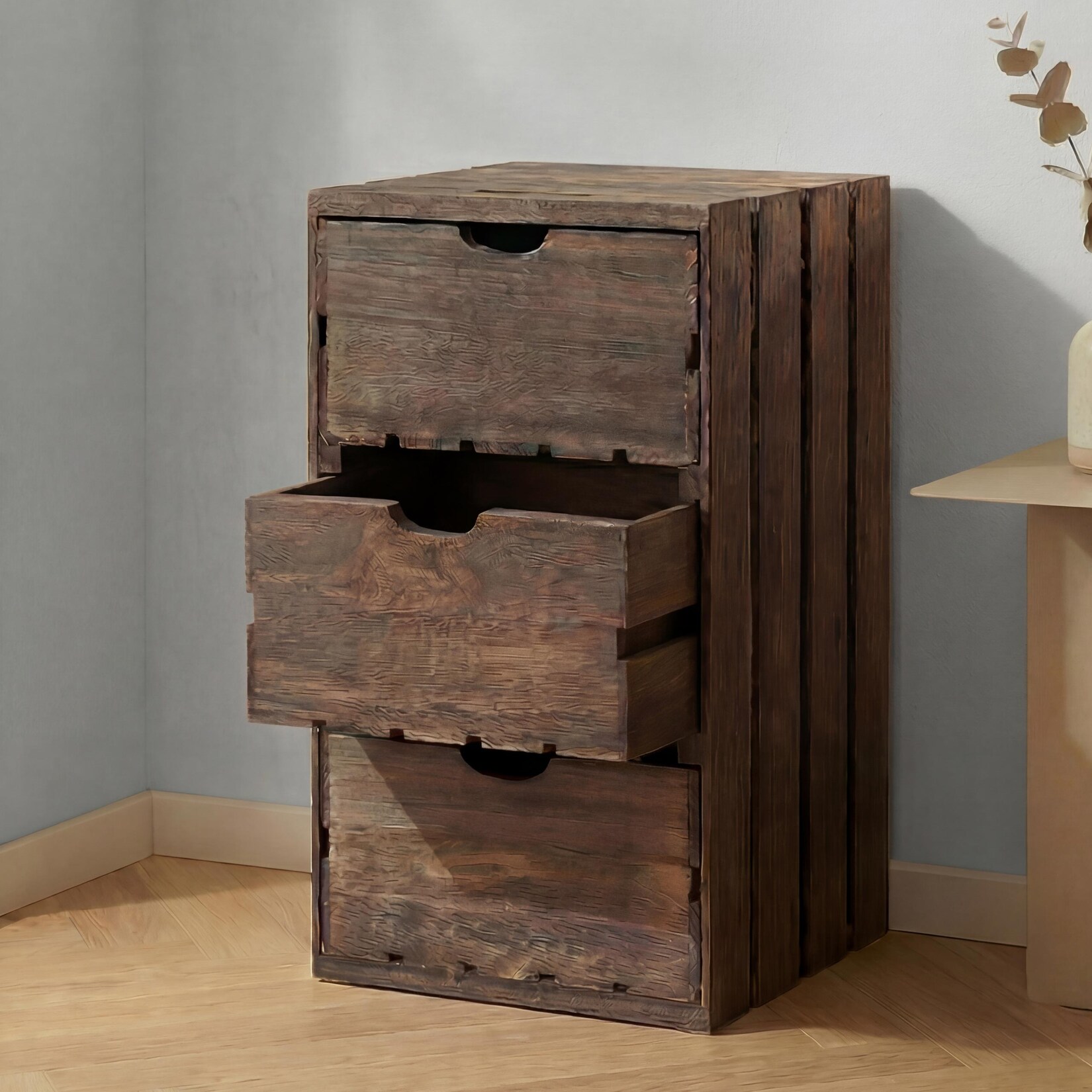 Kommode MCW-C62, Schubladenkommode Holzkiste, Shabby-Look Vintage 3 Schubladen 53x32x26cm ~ braun