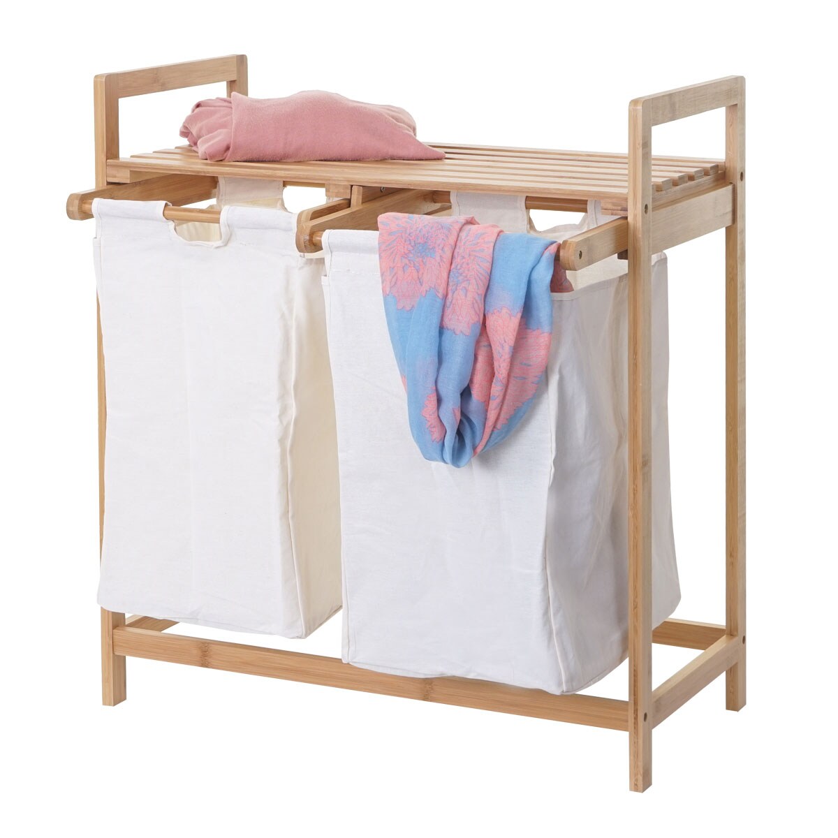 Wäschesammler MCW-B83, Laundry Wäschesortierer Wäschekorb Wäschebehälter, Bambus 2 Fächer 74x64x33cm 70l ~ weiß | 04057651248356