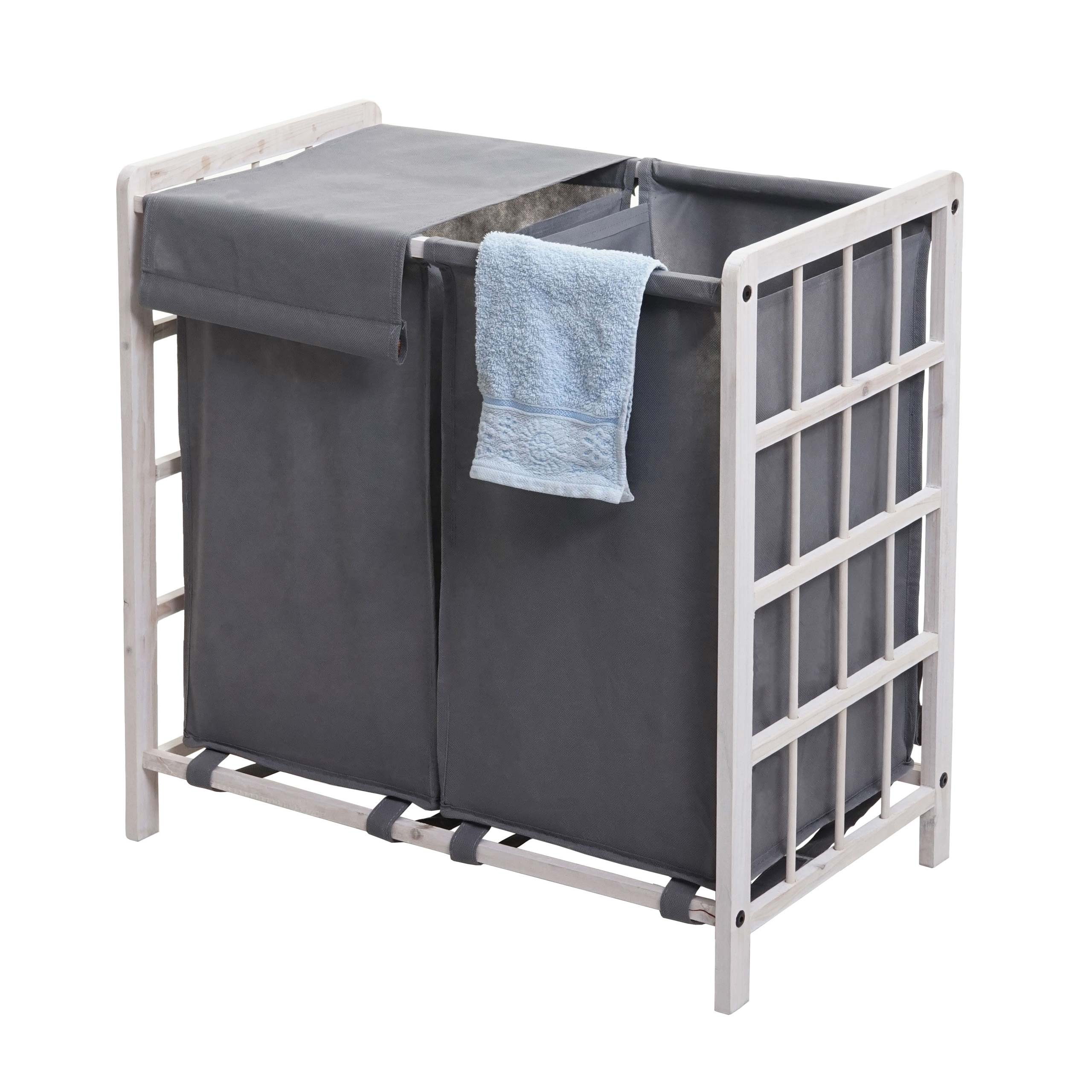 W&auml;schesammler MCW-B60, Laundry W&auml;schebox W&auml;schekorb, Massiv-Holz 2 F&auml;cher 60x60x33cm 68l ~ shabby wei&szlig;, Bezug grau - Bild 1
