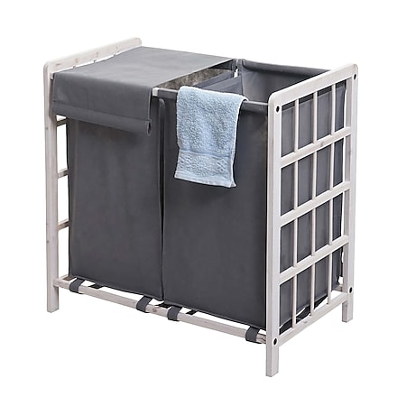 Wäschesammler MCW-B60, Laundry Wäschebox Wäschekorb, Massiv-Holz 2 Fächer 60x60x33cm 68l ~ shabby weiß, Bezug grau - Bild 1