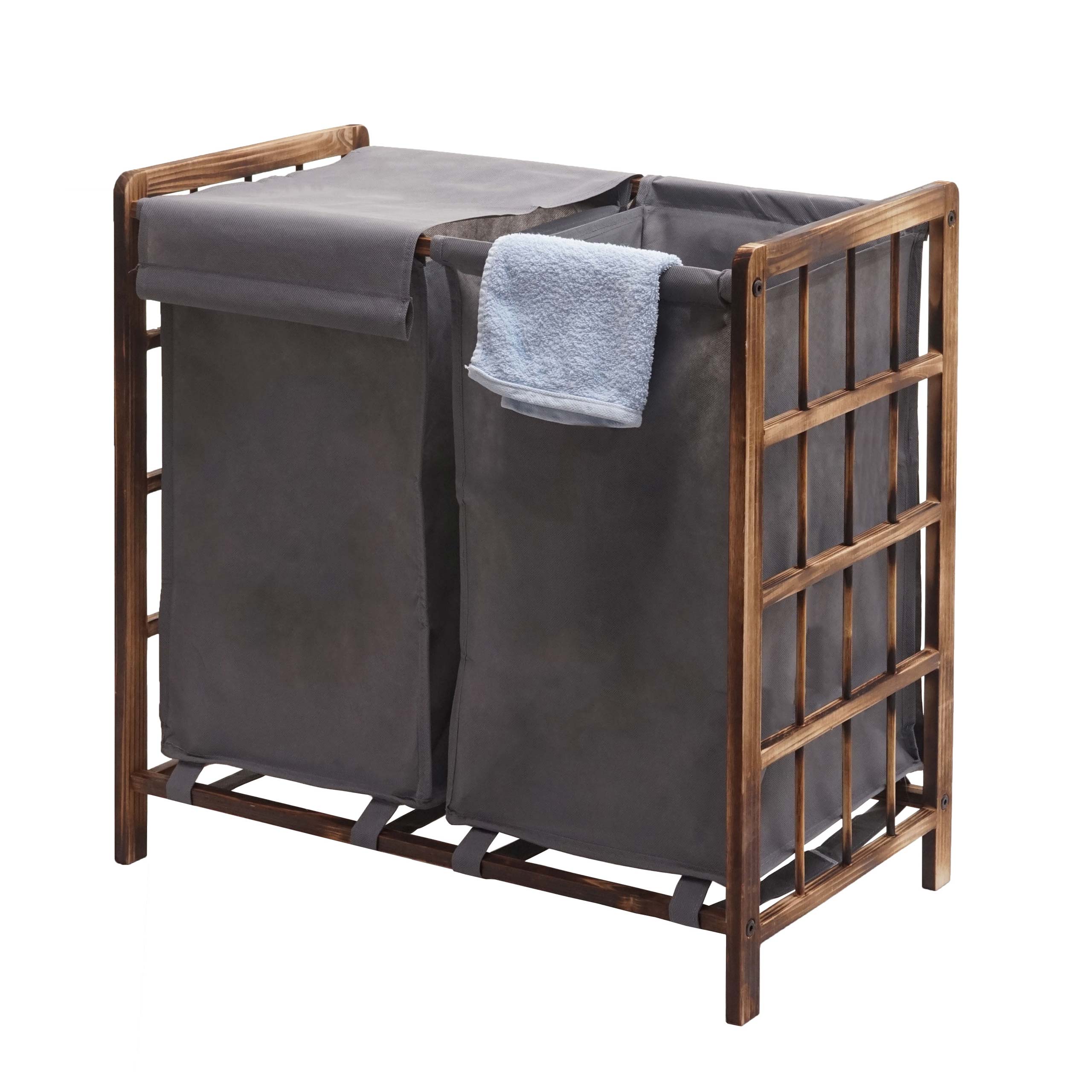 W&auml;schesammler MCW-B60, Laundry W&auml;schebox W&auml;schekorb, Massiv-Holz 2 F&auml;cher 60x60x33cm 68l ~ braun, Bezug grau - Bild 1