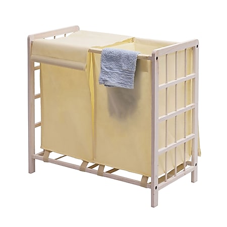 Wäschesammler MCW-B60, Laundry Wäschebox Wäschekorb, Massiv-Holz 2 Fächer 60x60x33cm 68l ~ shabby weiß, Bezug creme - Bild 1