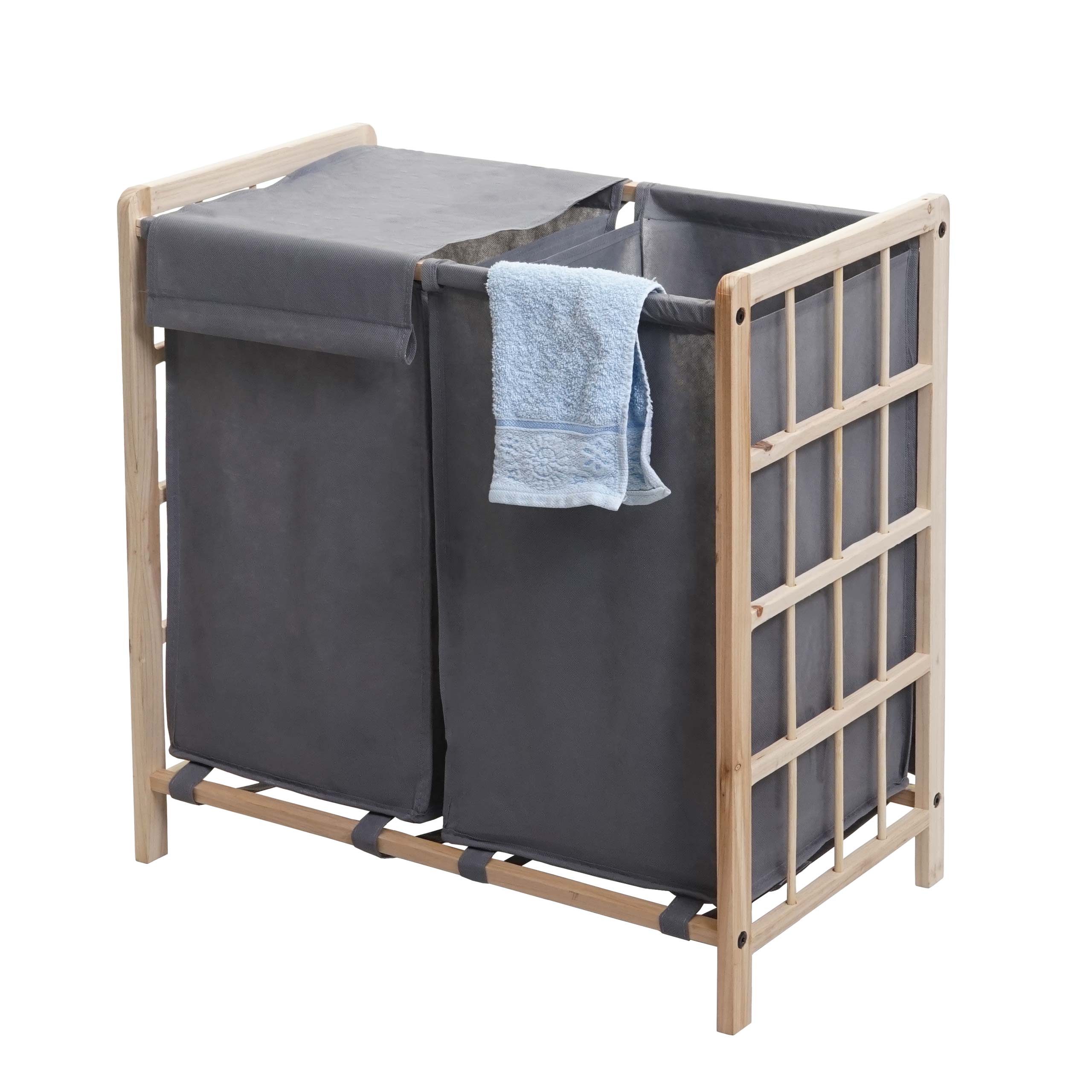 W&auml;schesammler MCW-B60, Laundry W&auml;schebox W&auml;schekorb, Massiv-Holz 2 F&auml;cher 60x60x33cm 68l ~ hellbraun, Bezug grau - Bild 1