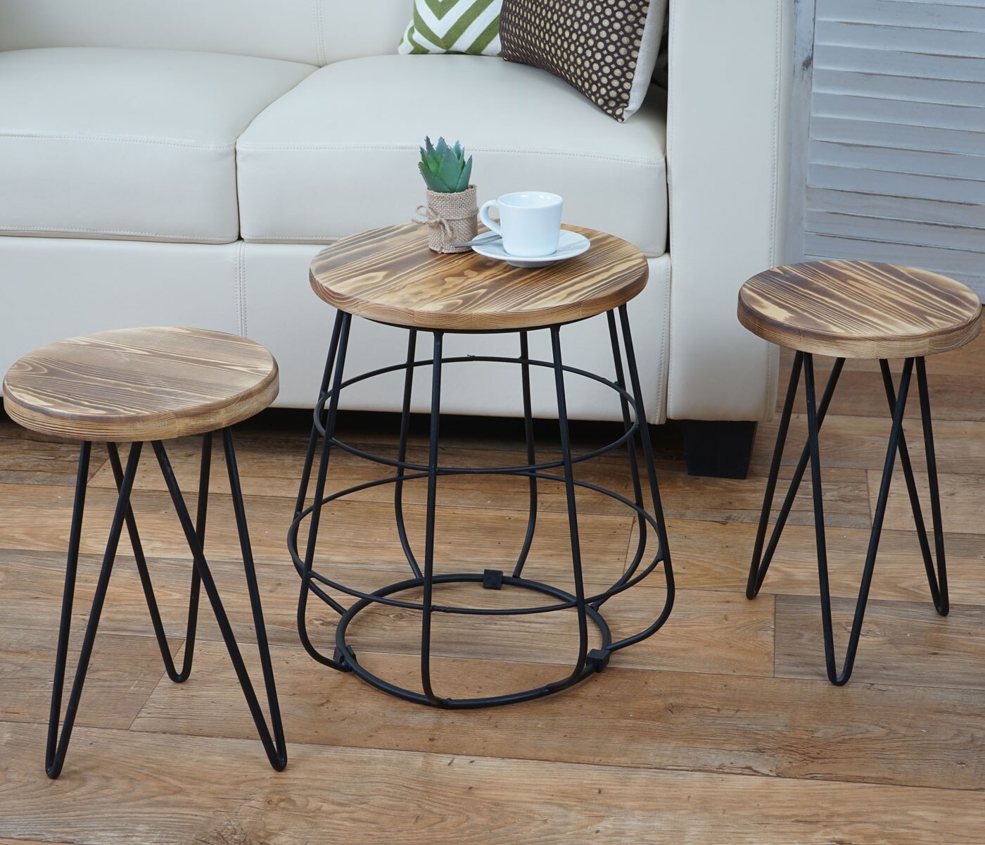 2er-Set Sitzhocker mit Tisch MCW-A80, Sitzgruppe, Industriedesign Echtholz MVG-zertifiziert | 04057651206417