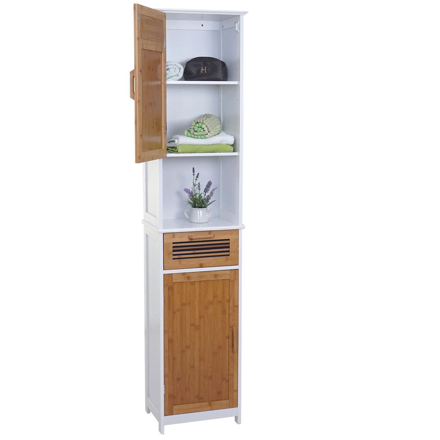 Hochschrank MCW-A85, Badschrank Badregal Bambus, MVG-zertifiziert 180x40x31cm weiß