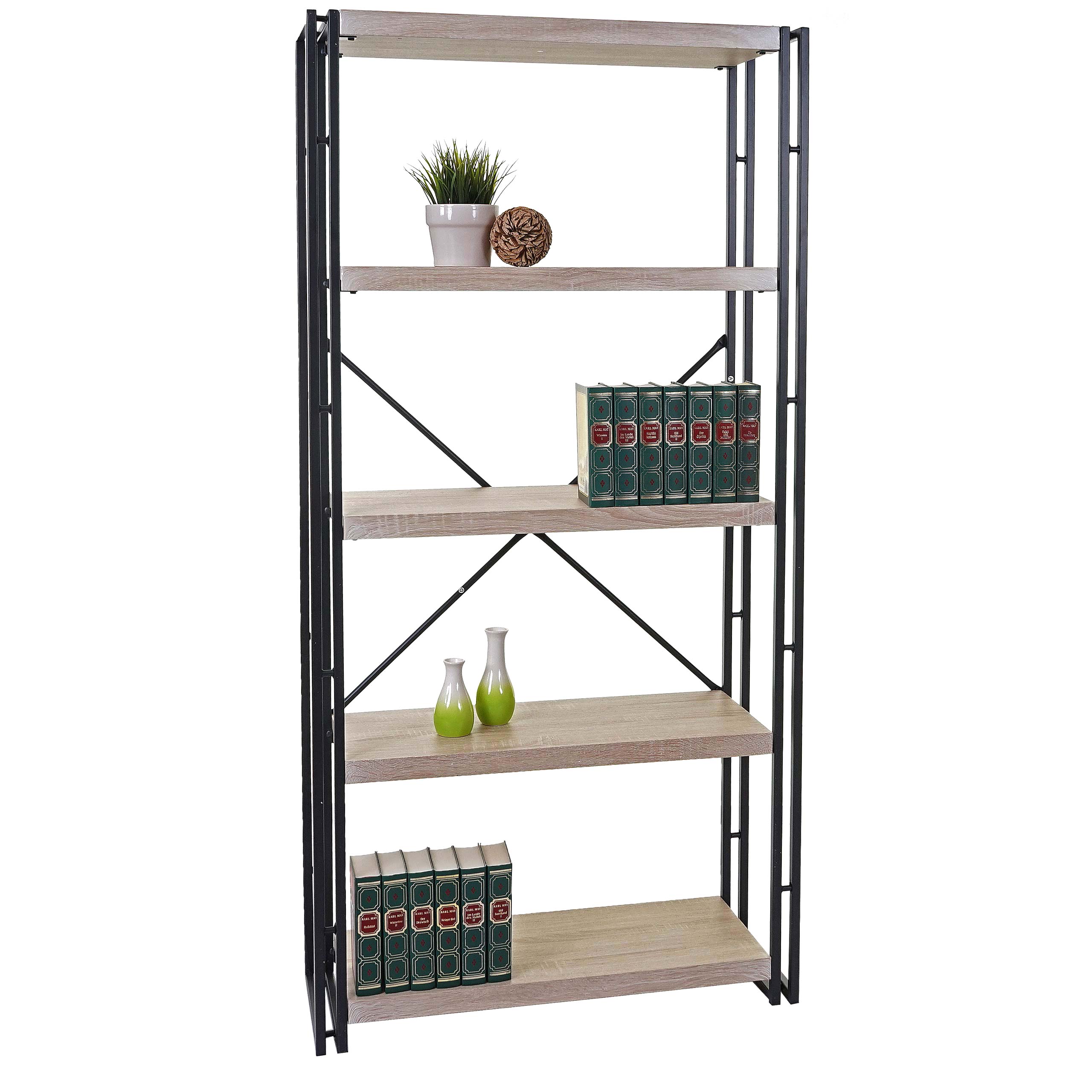 B&uuml;cherregal MCW-A27, Standregal Wohnregal, 165x80cm 3D-Struktur 5 Ebenen ~ Eiche-Optik - Bild 1