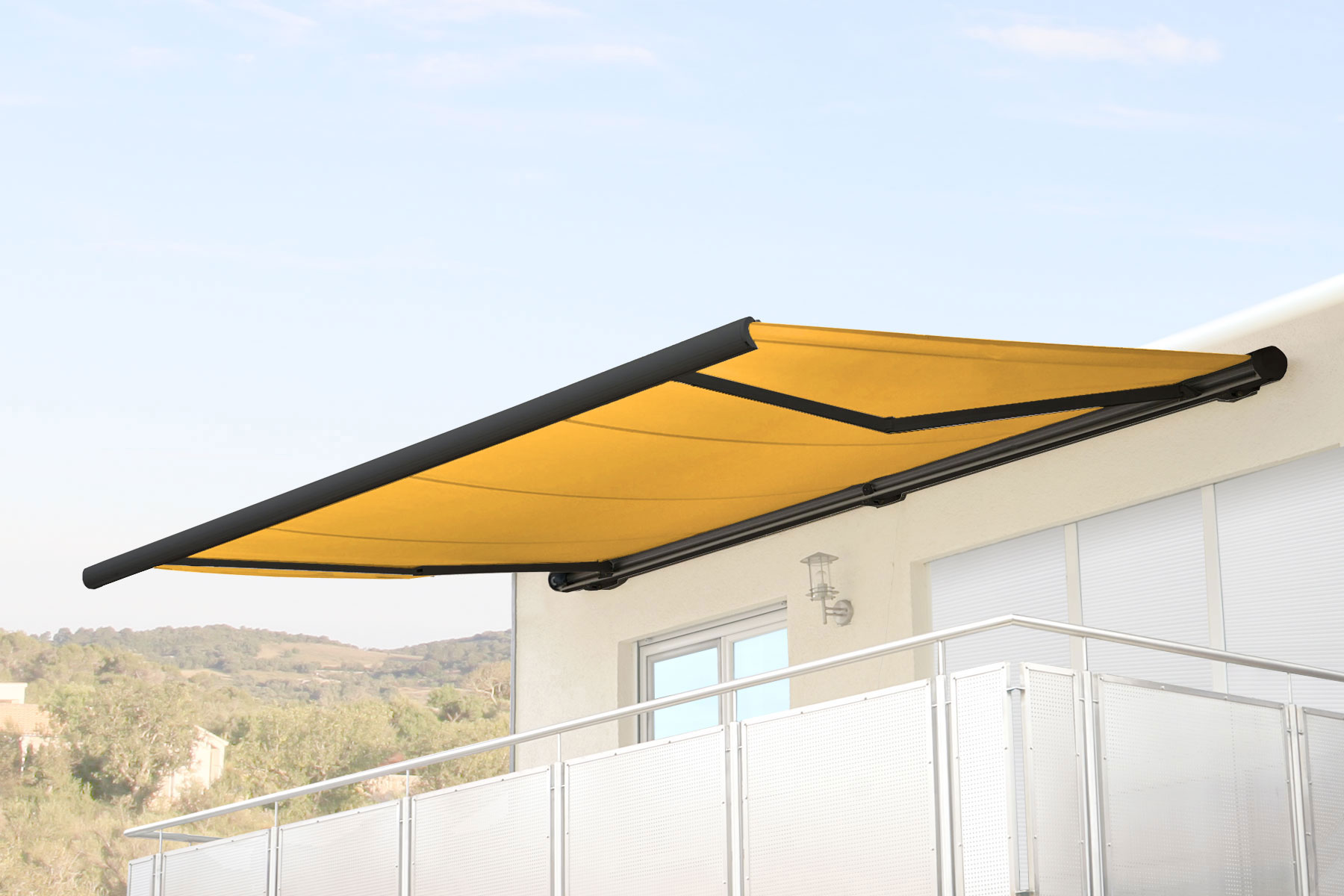 Elektrische Kassettenmarkise H124, Markise Vollkassette 5x3m ~ Polyester gelb, Rahmen anthrazit - Bild 1
