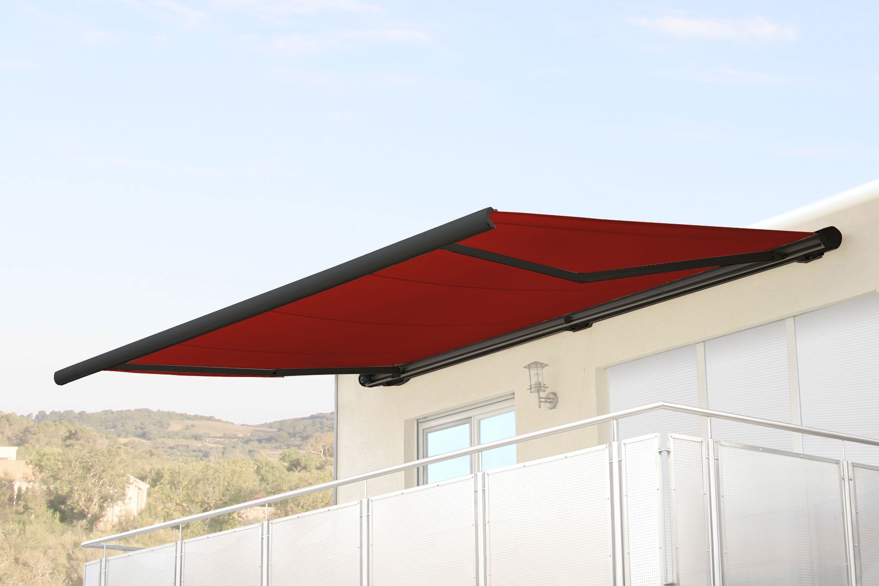 Elektrische Kassettenmarkise H124, Markise Vollkassette 5x3m ~ Polyester bordeaux-rot, Rahmen anthrazit - Bild 1