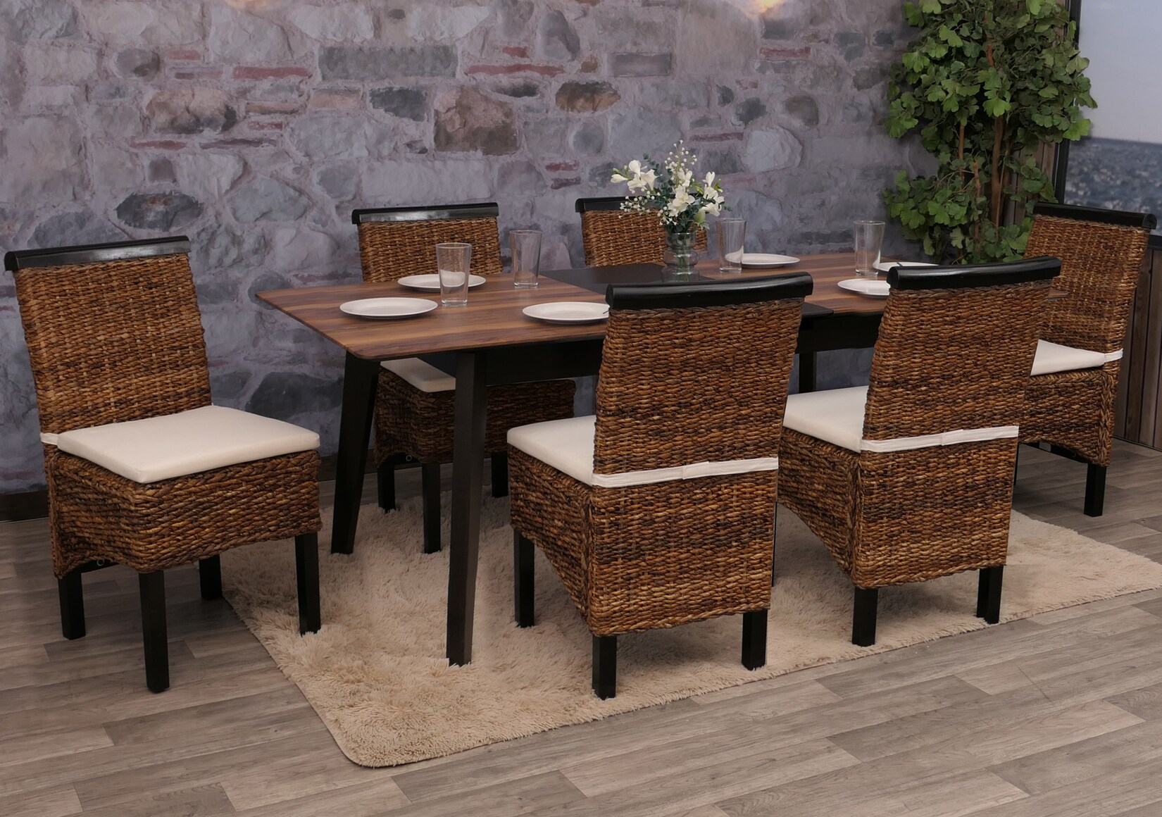 6er-Set Esszimmerstuhl Korbstuhl Acireale Stuhl Bananengeflecht ~ dunkel, mit Kissen