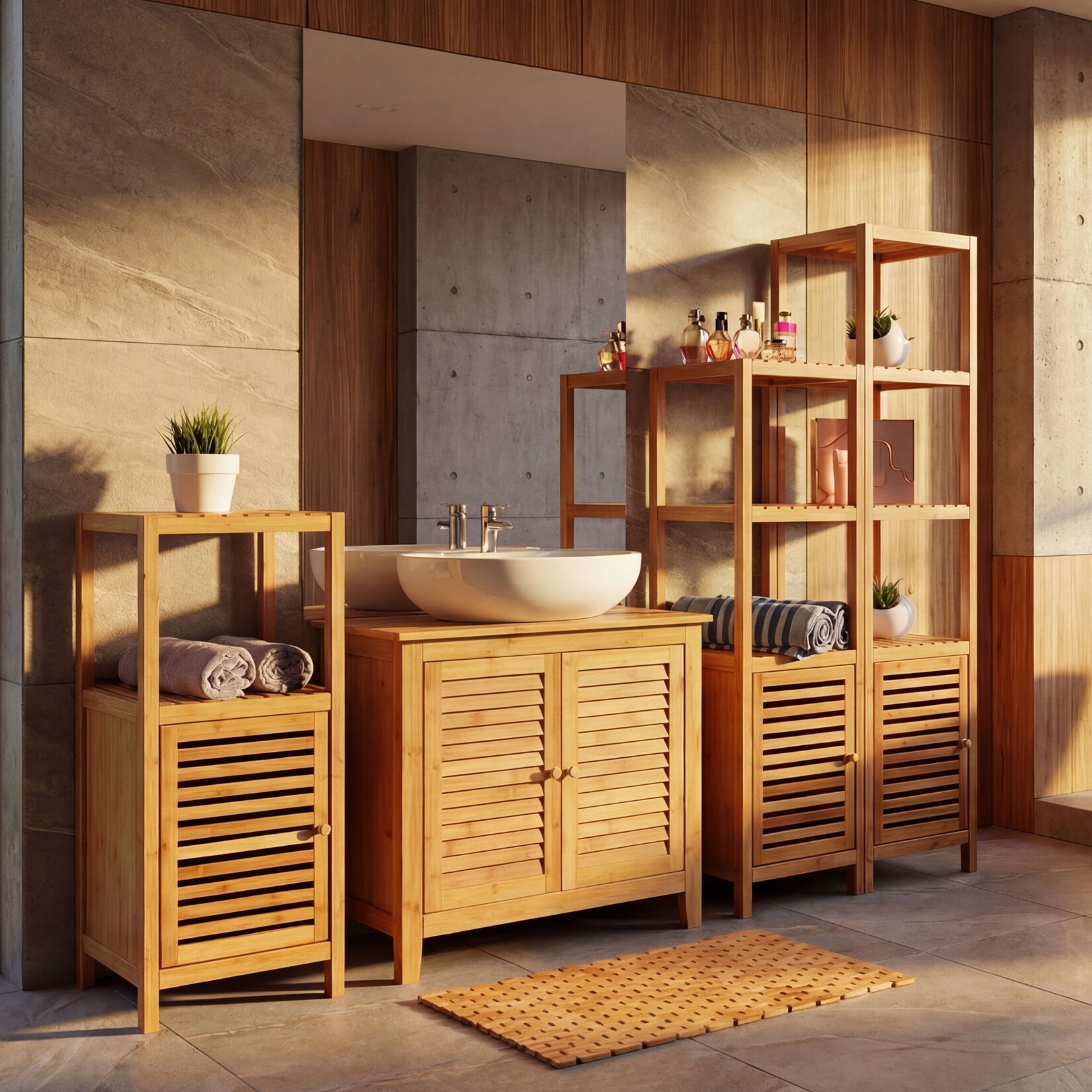 Badezimmerset MCW-B18, Komplett Badezimmer Badmöbel Badset Badschrank mit Tür, Bambus