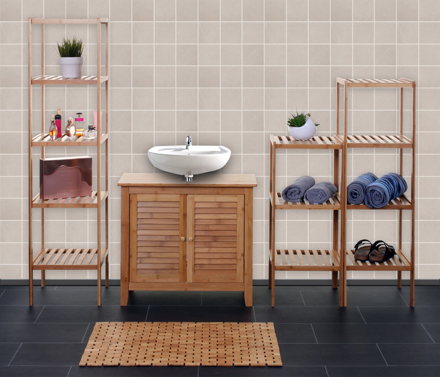 Badezimmerset MCW-B18, Komplett Badezimmer Badmöbel Badset Badschrank, Bambus | 04057651196688