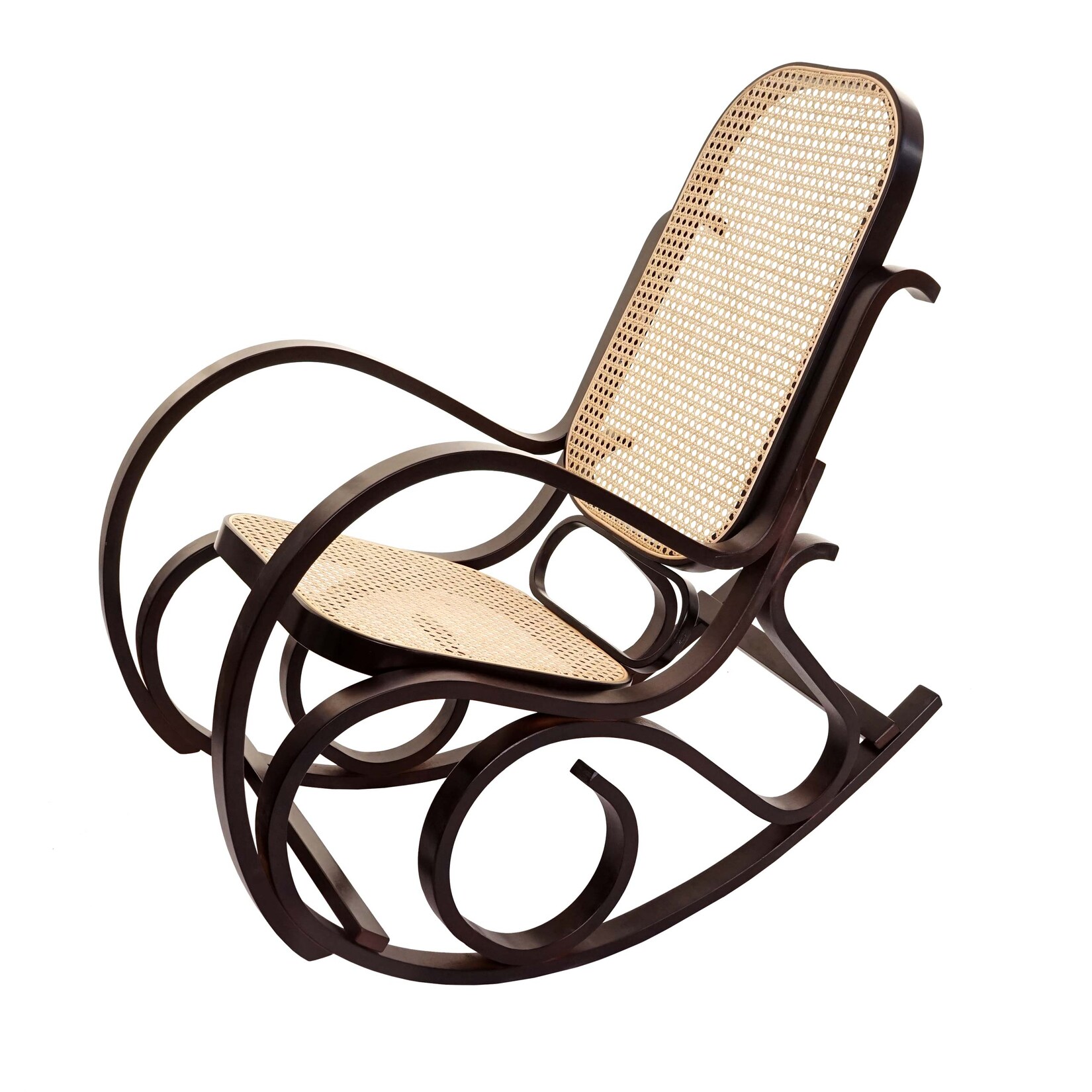 Schaukelstuhl Gallarate, Schwingsessel Fernsehsessel, Massiv-Holz Rattan, MVG-zertifiziert ~ Walnuss-Optik