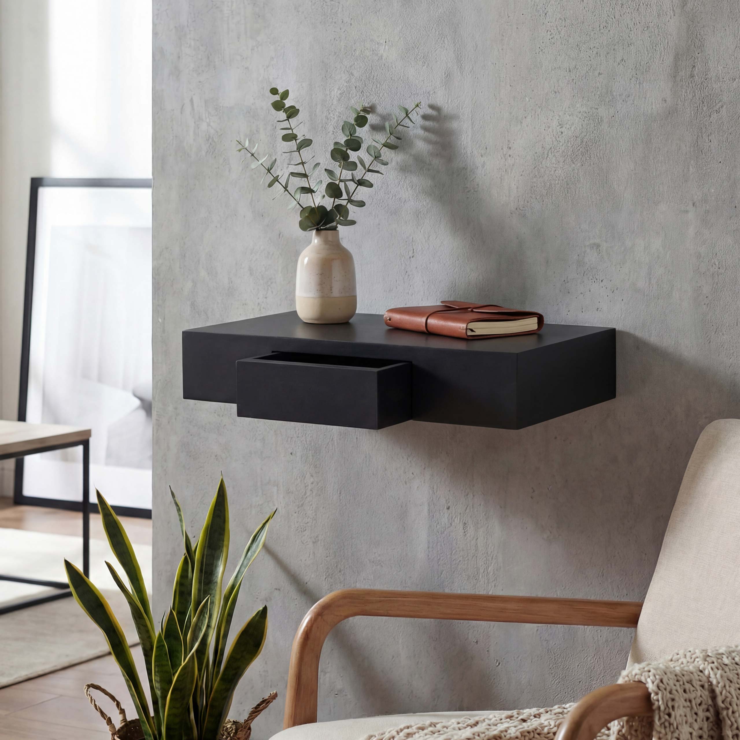 Wandregal Cher, Regal H&auml;ngeregal mit Schublade, 40cm ~ schwarz - Bild 1