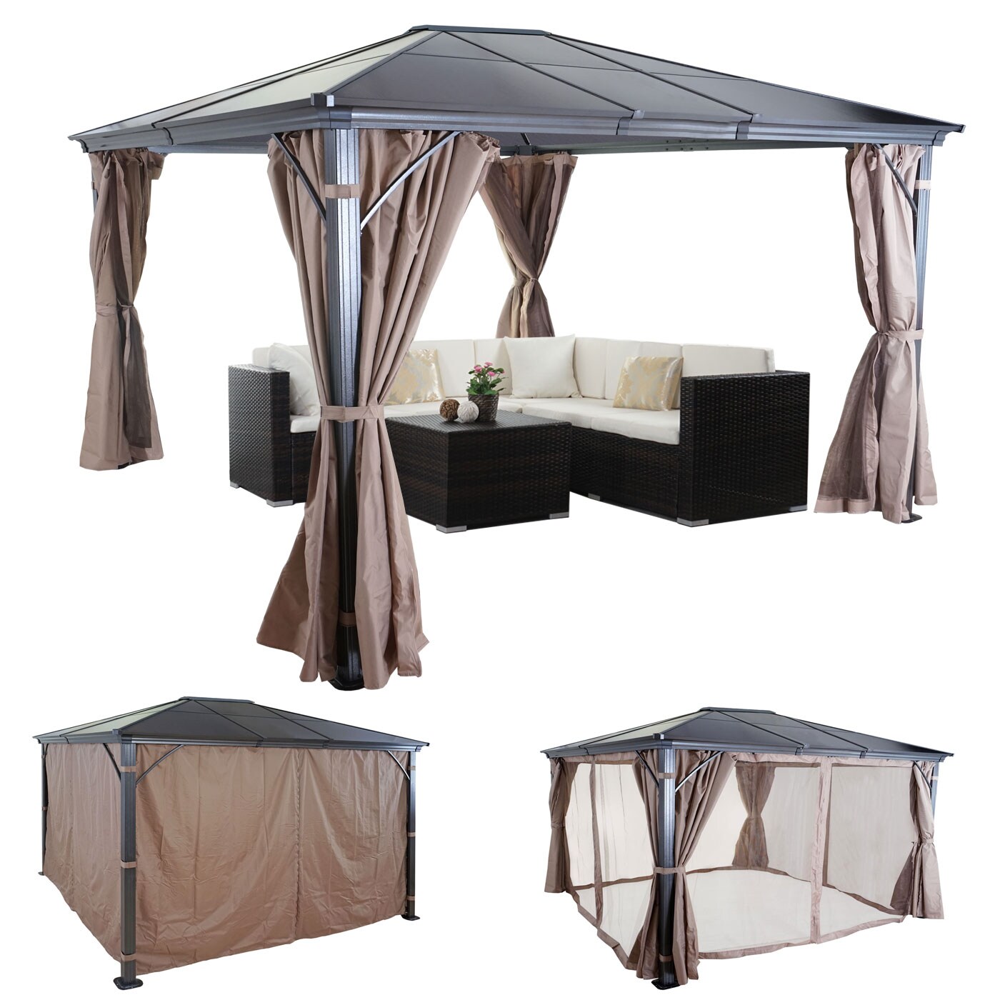 Hardtop Pergola -C74, Garten Pavillon, Kunststoff-Dach Seitenwand + Moskitonetz Alu ~ 3x3,6m