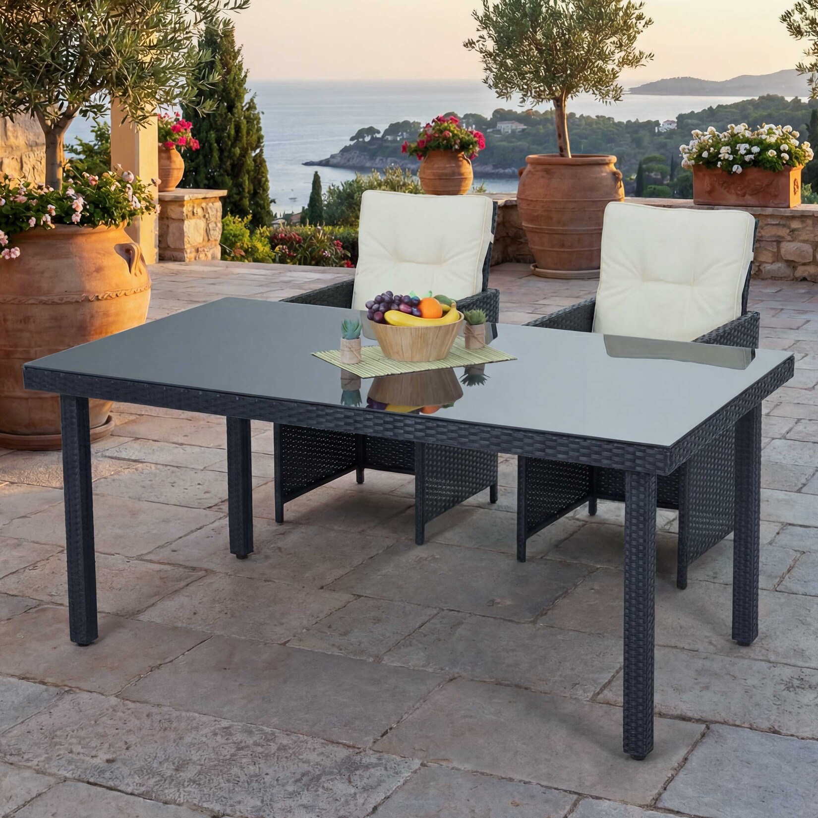 Poly-Rattan Gartentisch Chieti, Esstisch Tisch mit Glasplatte, 160x90x74cm ~ anthrazit