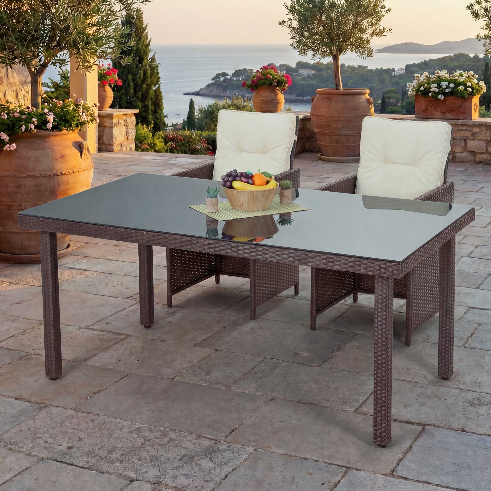 Poly-Rattan Gartentisch Chieti, Esstisch Tisch mit Glasplatte, 160x90x74cm ~ braun