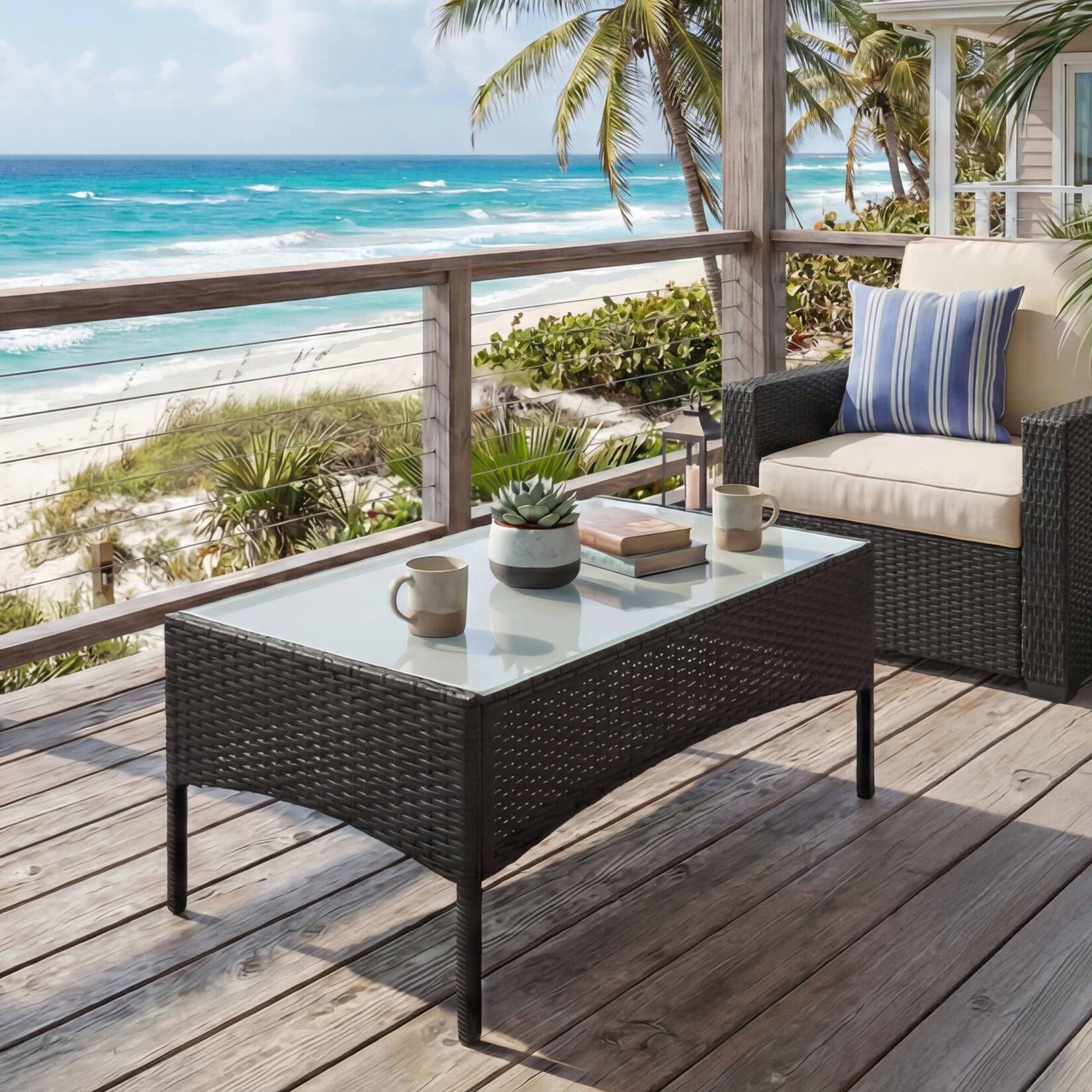 Poly-Rattan Gartentisch Hamar, Beistelltisch Tisch mit Glasplatte ~ anthrazit
