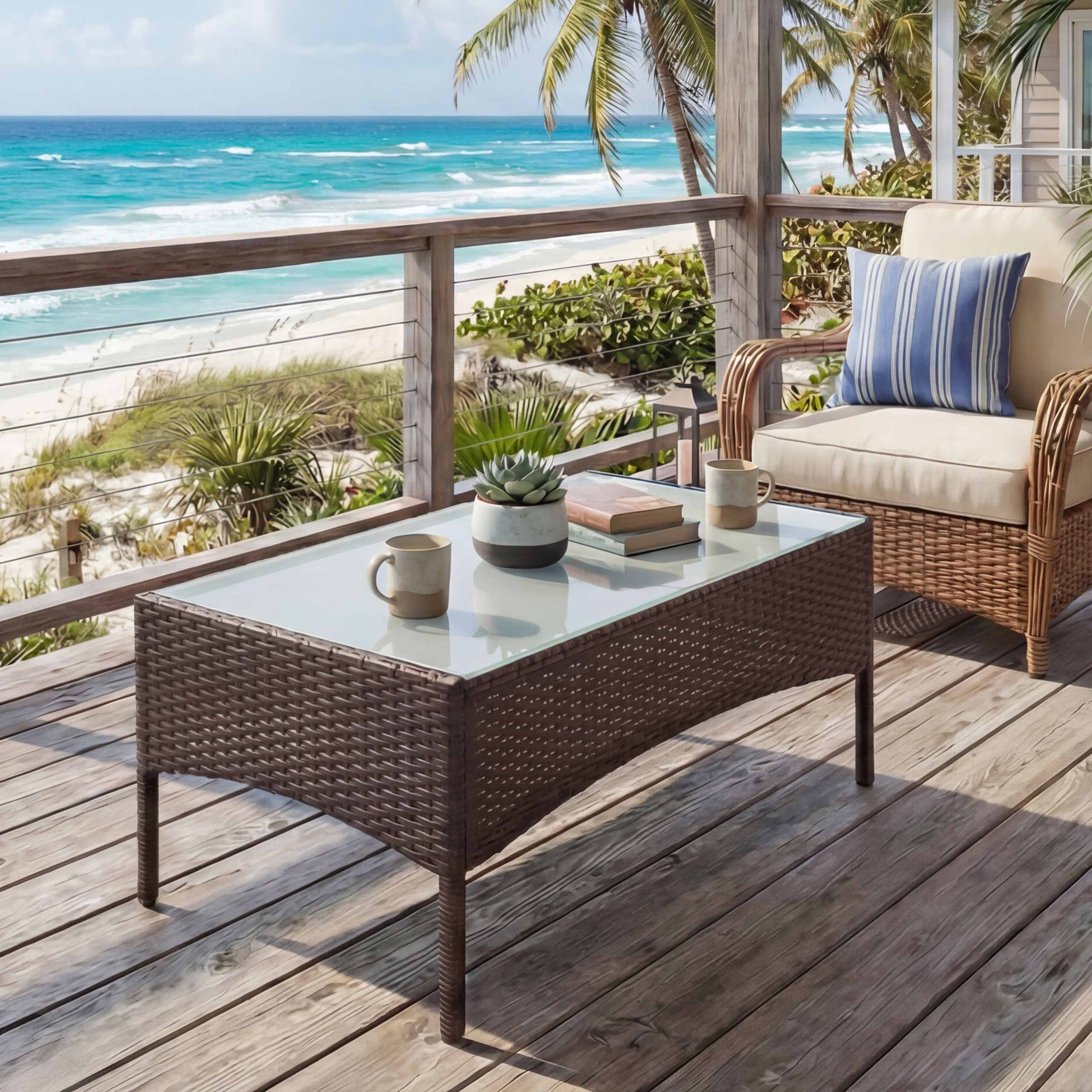 Poly-Rattan Gartentisch Hamar, Beistelltisch Tisch mit Glasplatte ~ braun-meliert - Bild 1