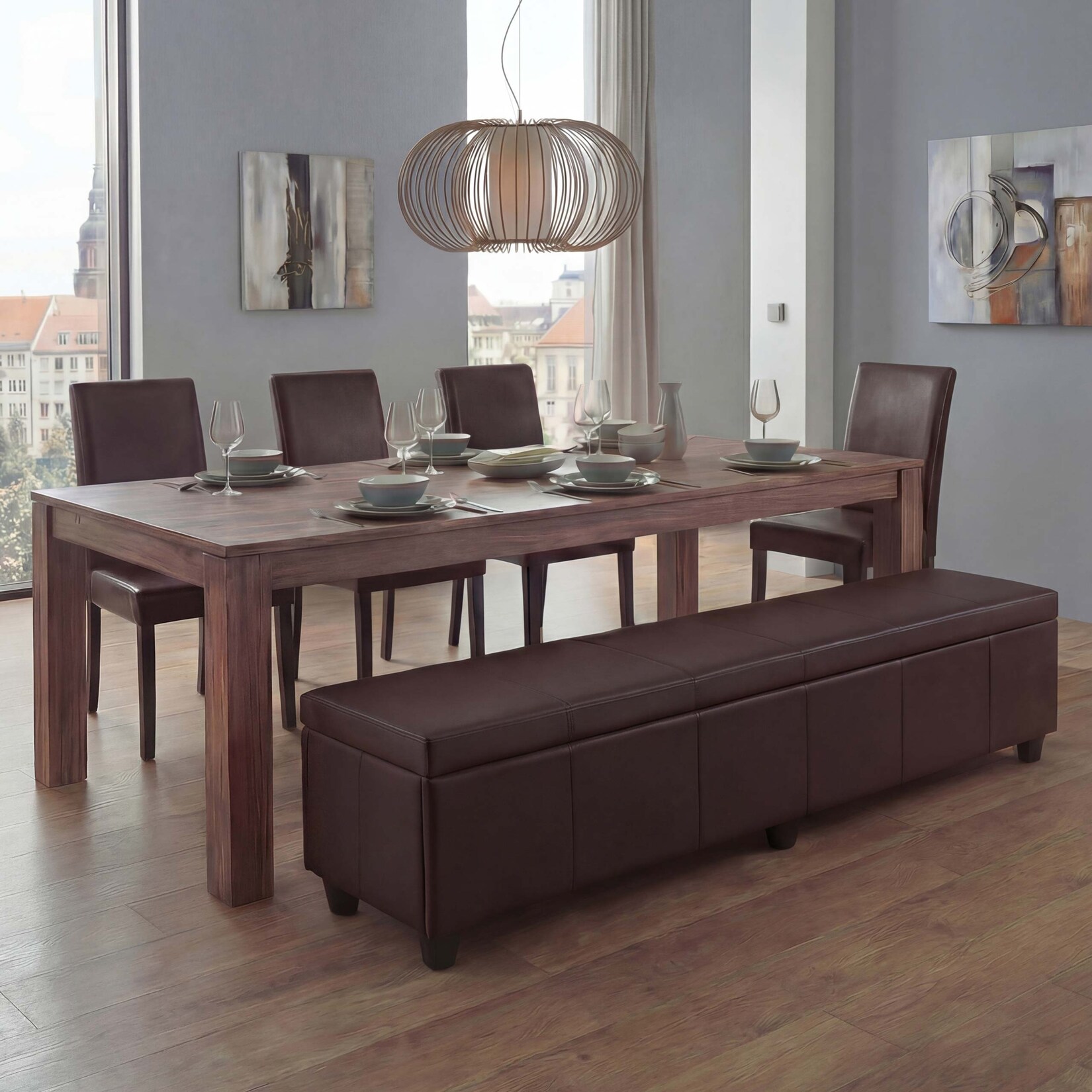 Garnitur Sitzgruppe Bank mit Aufbewahrung Kriens XXL+4 Stühle Littau, Leder ~ braun