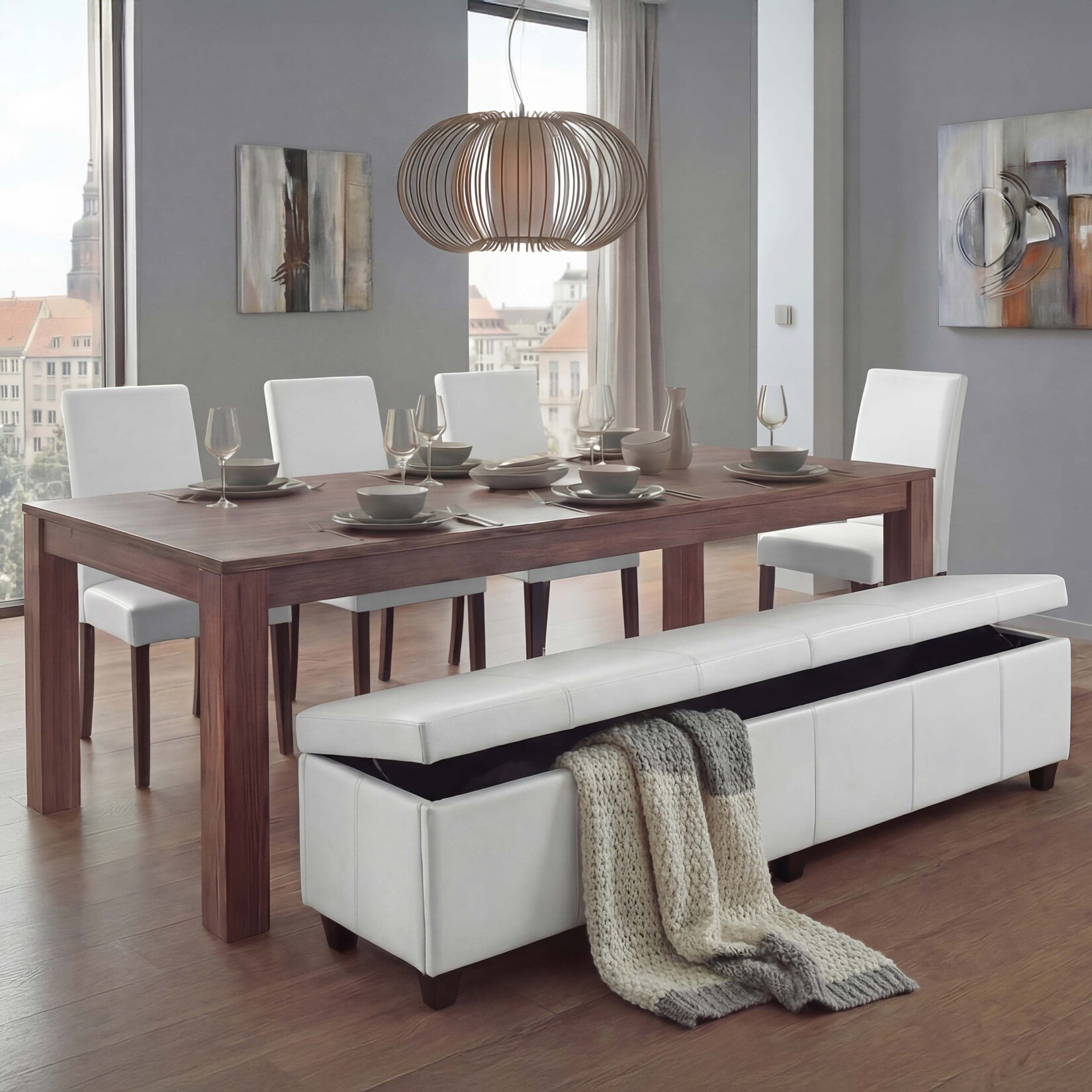 Garnitur Sitzgruppe Bank mit Aufbewahrung Kriens XXL+4 Stühle Littau, Leder ~ weiß | 04057651024257