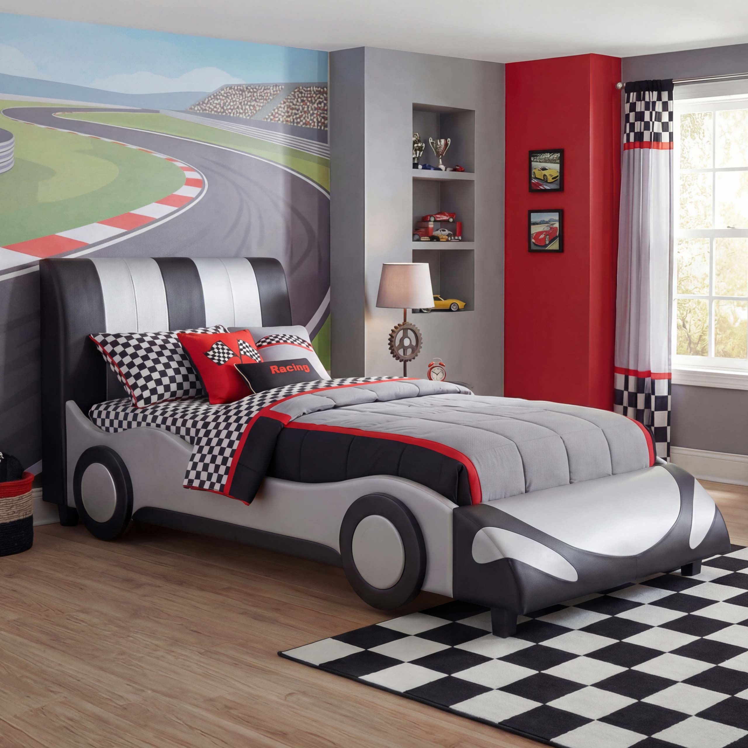 Bett MCW-E14, Auto Junge Kinderbett Jugendbett, Lattenrost Kunstleder Holz 190x100cm ~ schwarz-silber - Bild 1