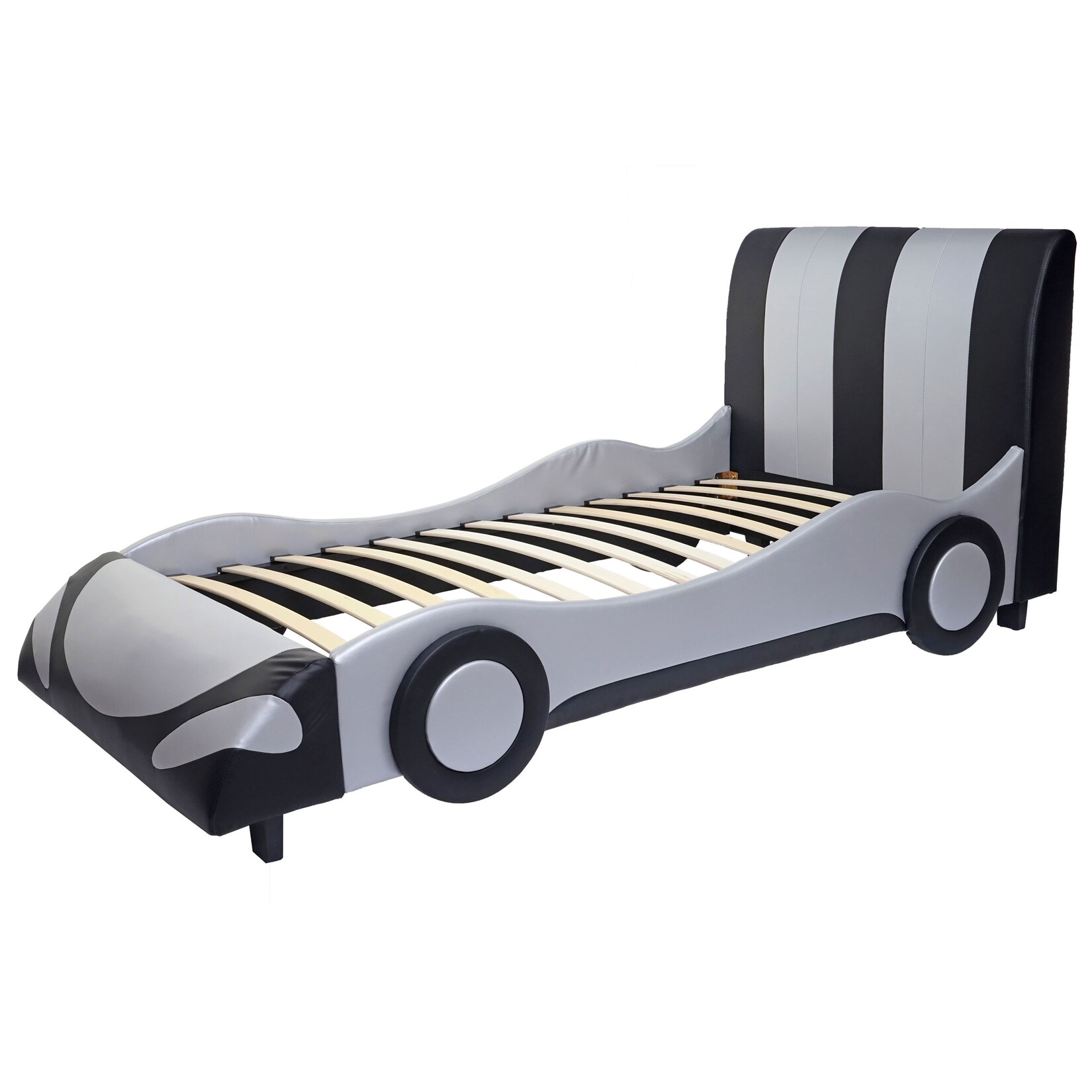 Bett MCW-E14, Auto Junge Kinderbett Jugendbett, Lattenrost Kunstleder Holz 190x100cm ~ schwarz-silber | 04057651272047