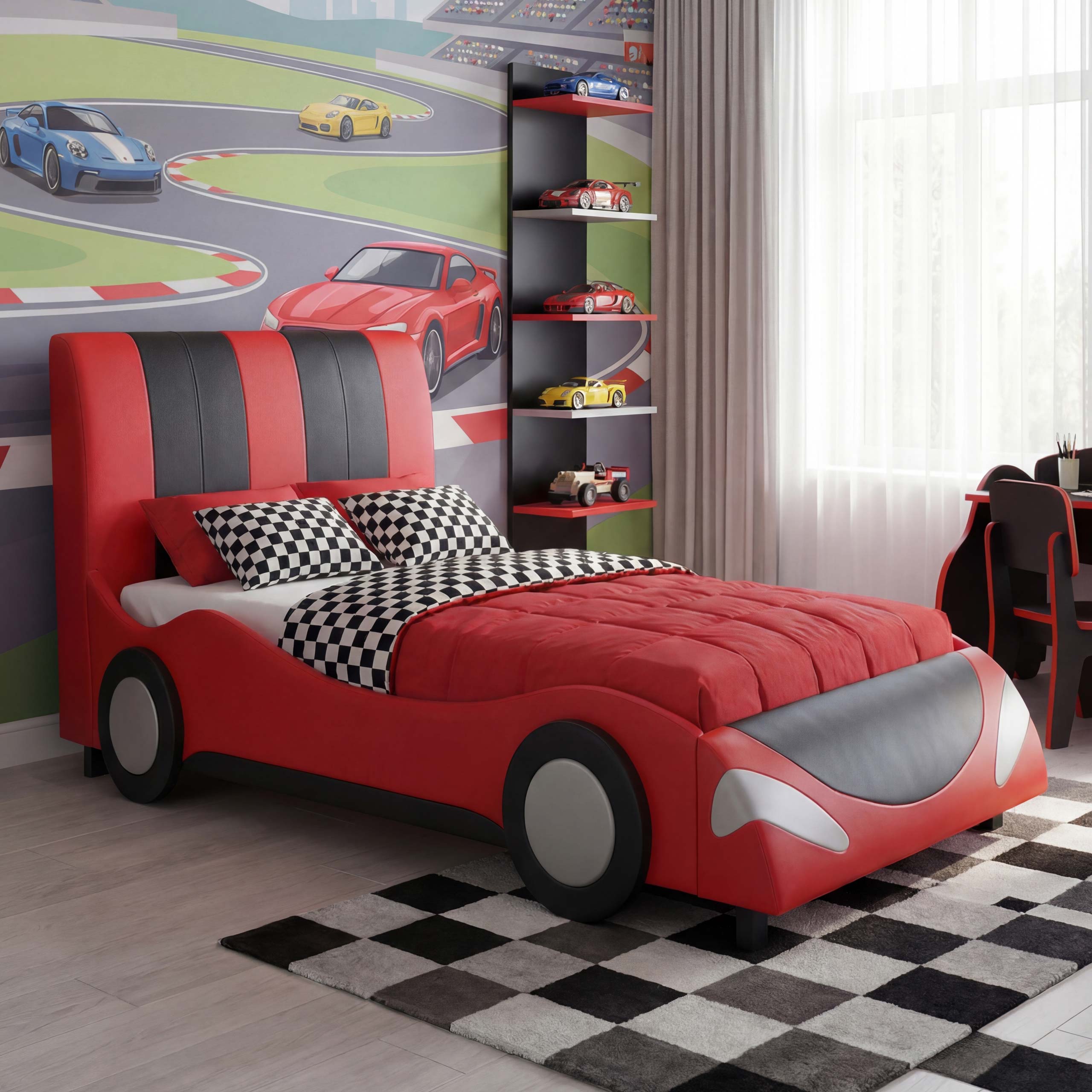 Bett MCW-E14, Auto Junge Kinderbett Jugendbett, Lattenrost Kunstleder Holz 190x100cm ~ schwarz-rot - Bild 1
