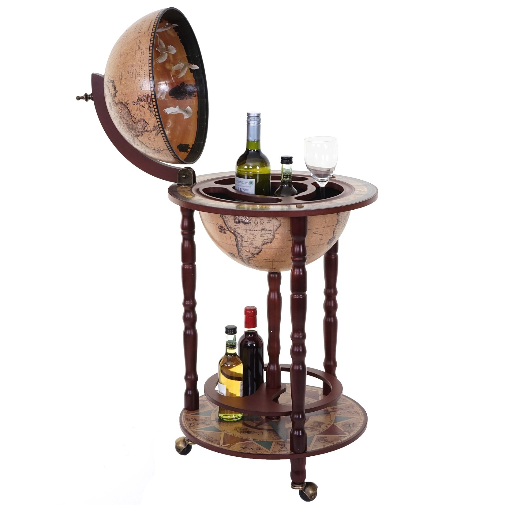 Globusbar MCW-D83, Minibar Hausbar Weinregal, Weltkugel Ø 33cm rollbar Eukalyptusholz MVG ~ braun