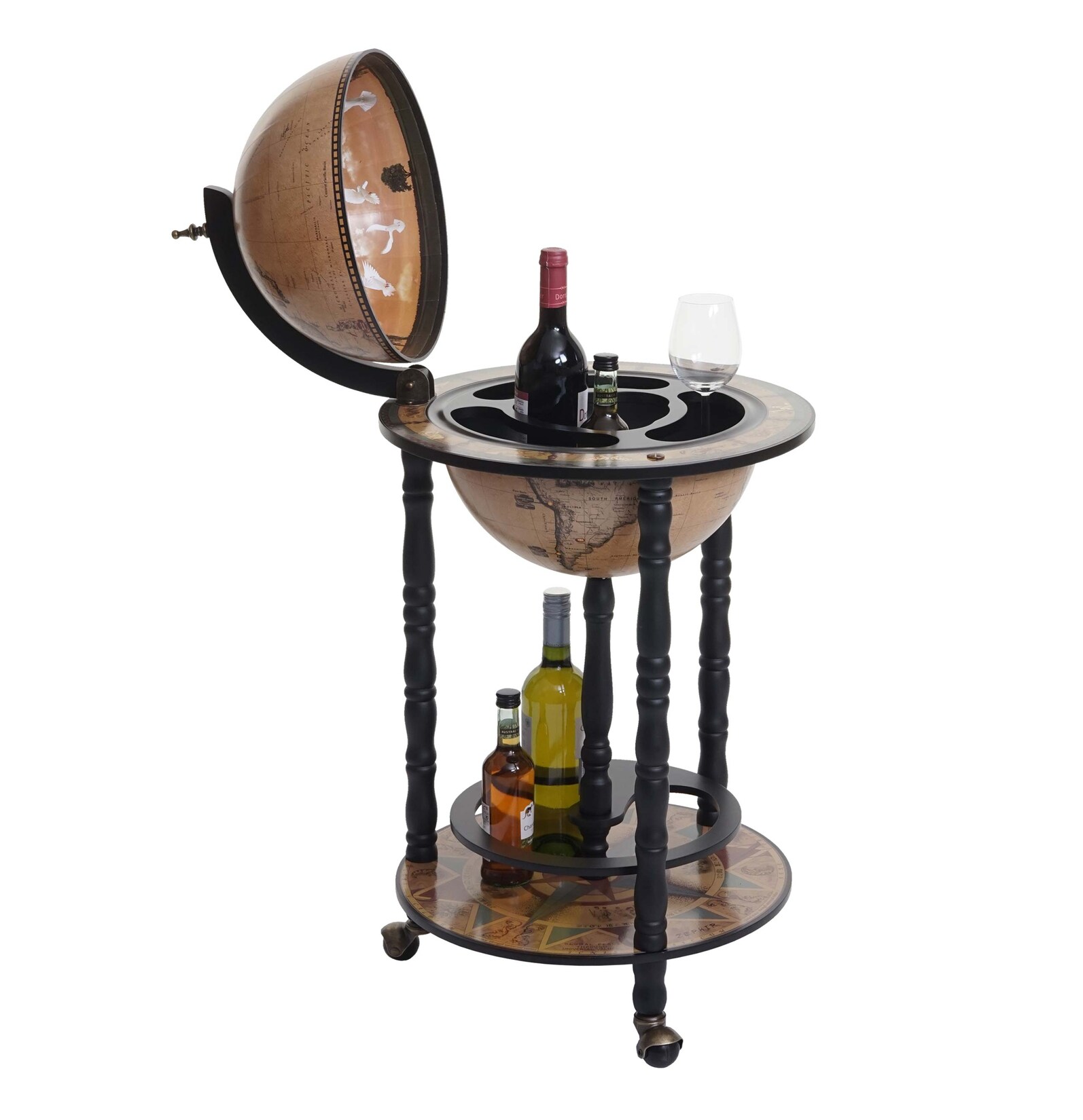 Globusbar MCW-D83, Minibar Hausbar Weinregal, Weltkugel Ø 33cm rollbar Eukalyptusholz MVG ~ schwarz