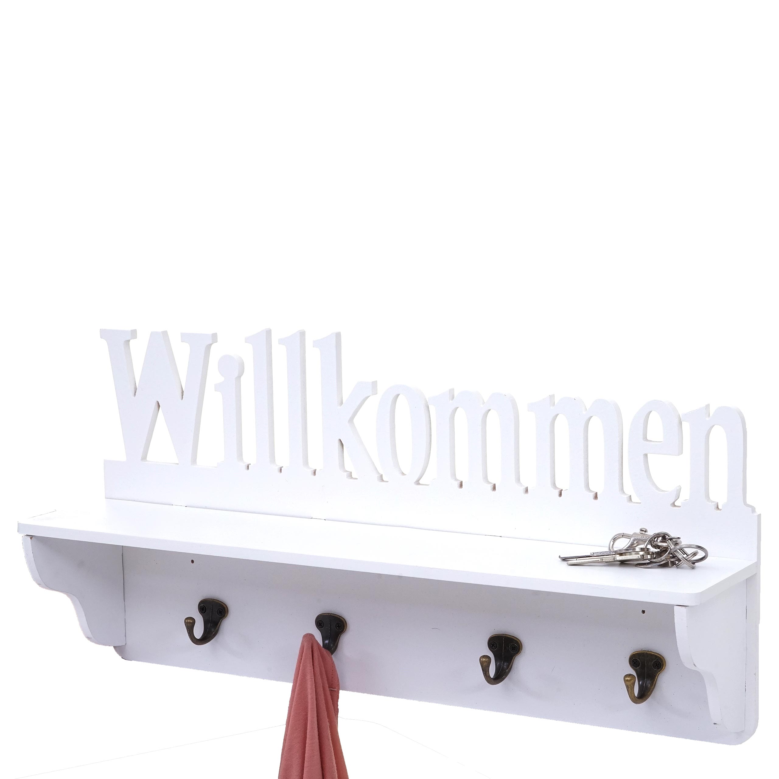 Wandgarderobe MCW-D41 Willkommen, Garderobe Regal, 4 Haken massiv 30x60x13cm ~ wei&szlig; - Bild 1