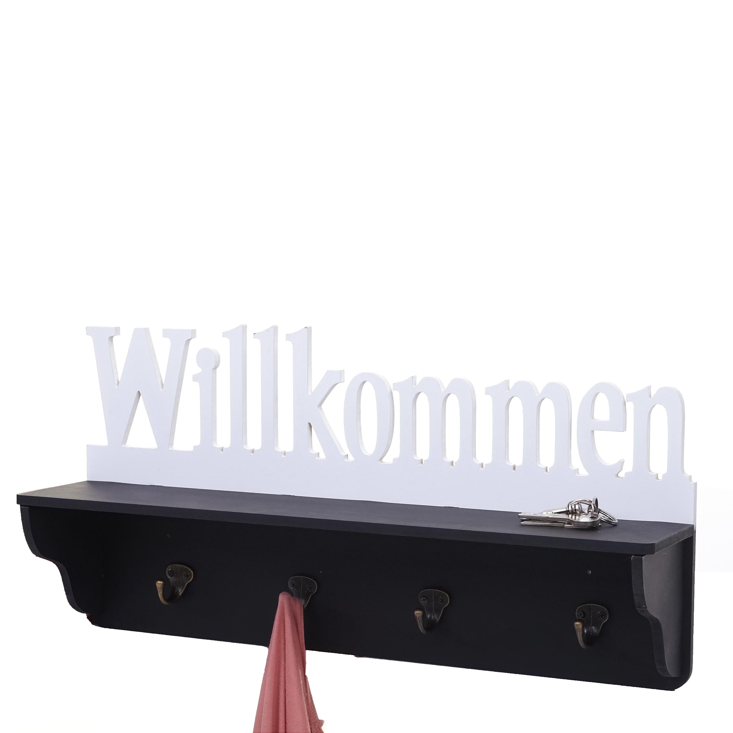 Wandgarderobe MCW-D41 Willkommen, Garderobe Regal, 4 Haken massiv 30x60x13cm ~ schwarz/wei&szlig; - Bild 1