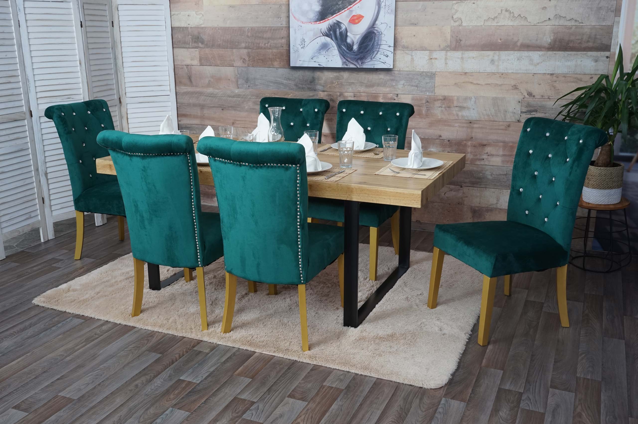 6er-Set Esszimmerstuhl MCW-D22, Stuhl K&uuml;chenstuhl, Nieten Samt ~ dunkelgr&uuml;n, goldfarbene Beine - Bild 1