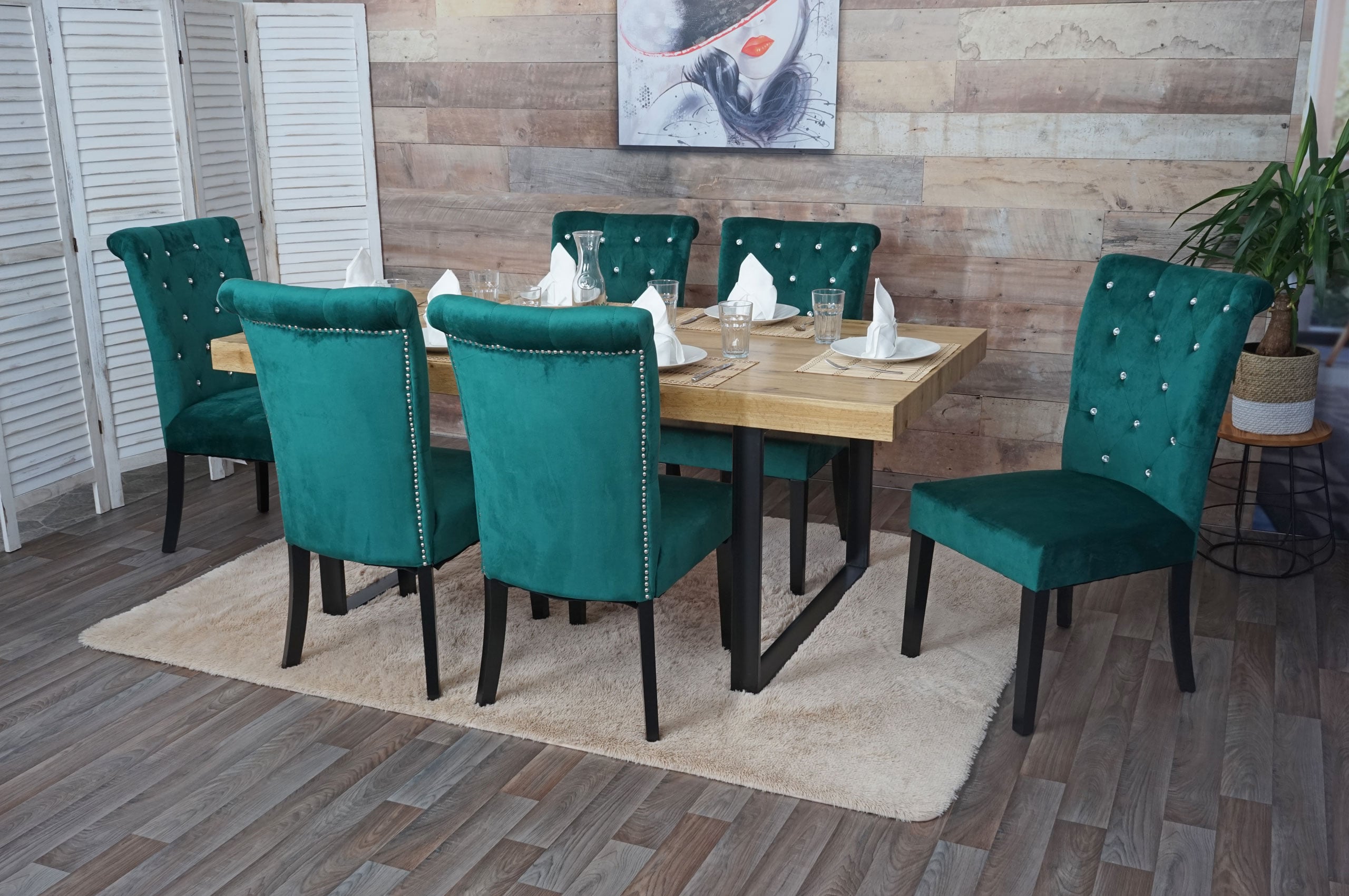 6er-Set Esszimmerstuhl MCW-D22, Stuhl K&uuml;chenstuhl, Nieten Samt ~ dunkelgr&uuml;n, schwarze Beine - Bild 1