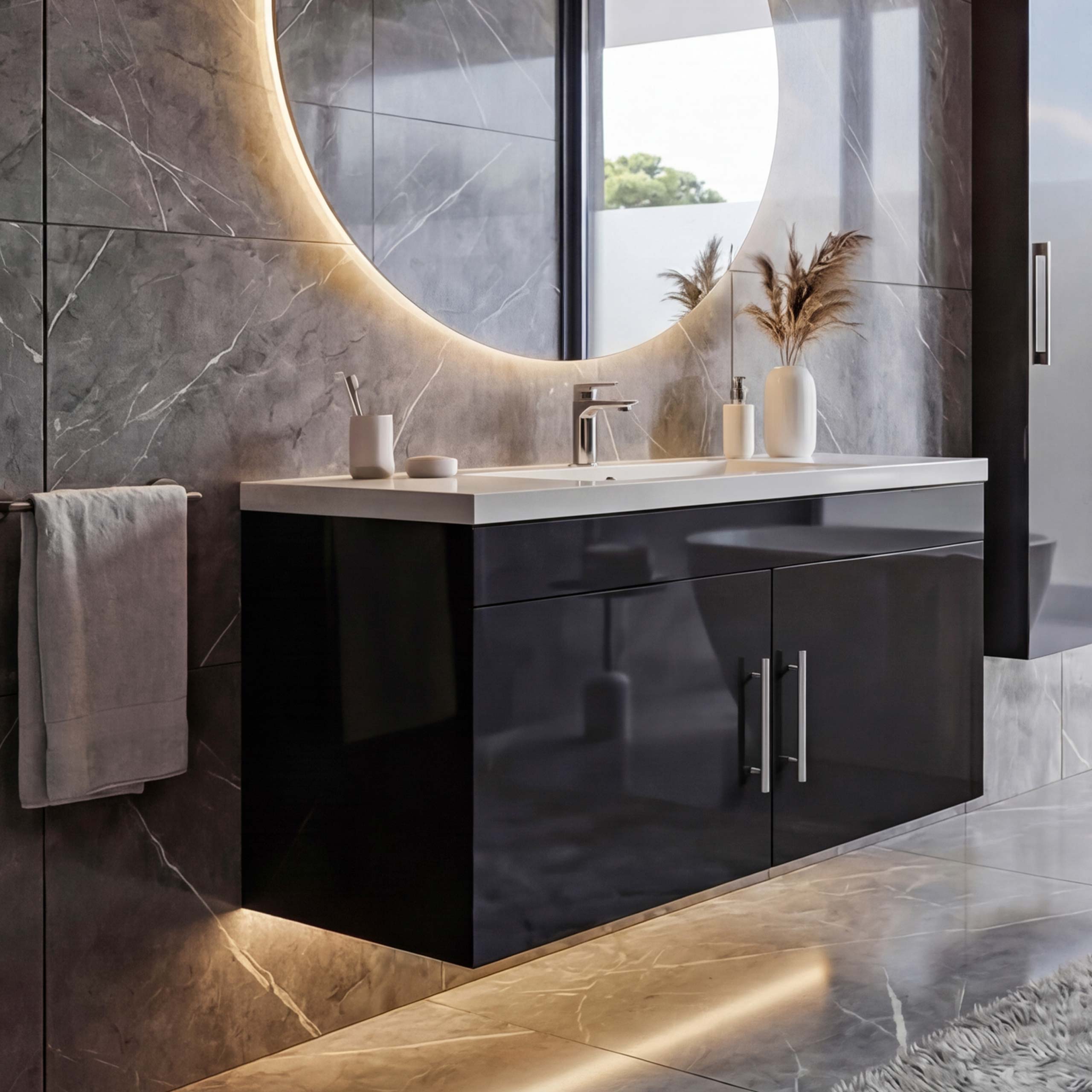 Waschbecken + Unterschrank MCW-D16, Waschbecken Waschtisch, MVG-zertifiziert, hochglanz 90cm ~ schwarz - Bild 1