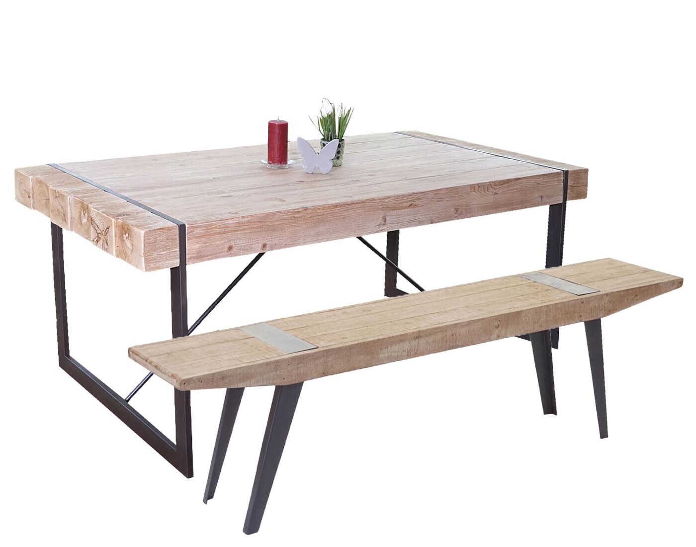 Esszimmergarnitur MCW-A15b, Esstisch + 1x Sitzbank, Tanne Holz rustikal massiv MVG-zertifiziert 160cm | 04057651269962