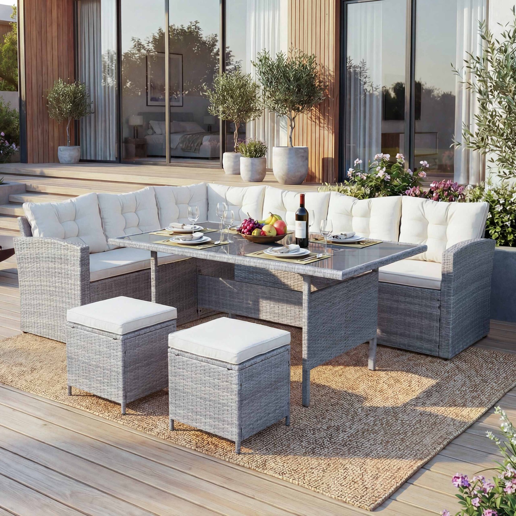 Poly-Rattan-Garnitur MCW-A29, Gartengarnitur Sitzgruppe Lounge-Esstisch-Set Sofa ~ hellgrau, Kissen creme + 2x Hocker