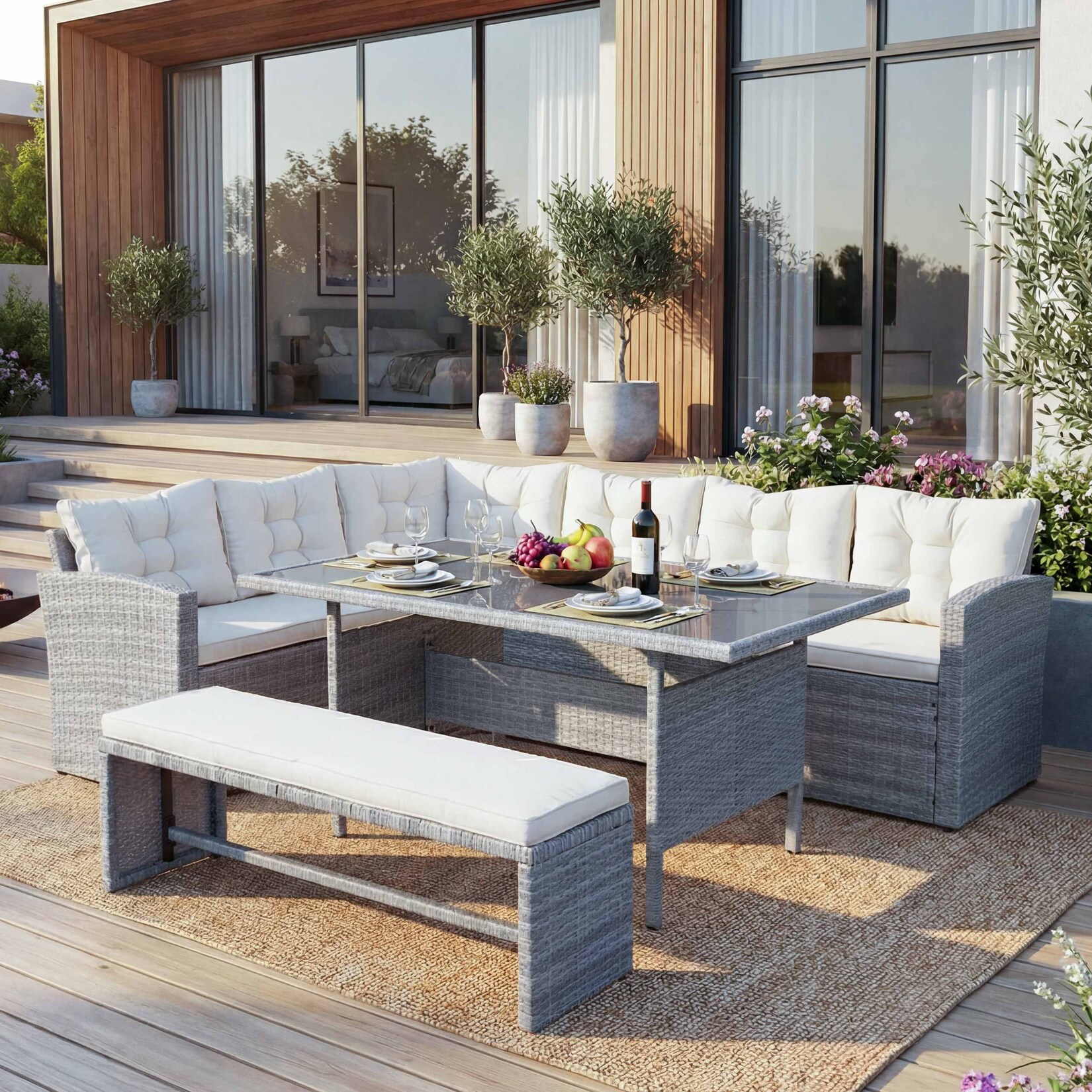 Poly-Rattan-Garnitur MCW-A29, Gartengarnitur Sitzgruppe Lounge-Esstisch-Set Sofa ~ hellgrau, Kissen creme + Bank