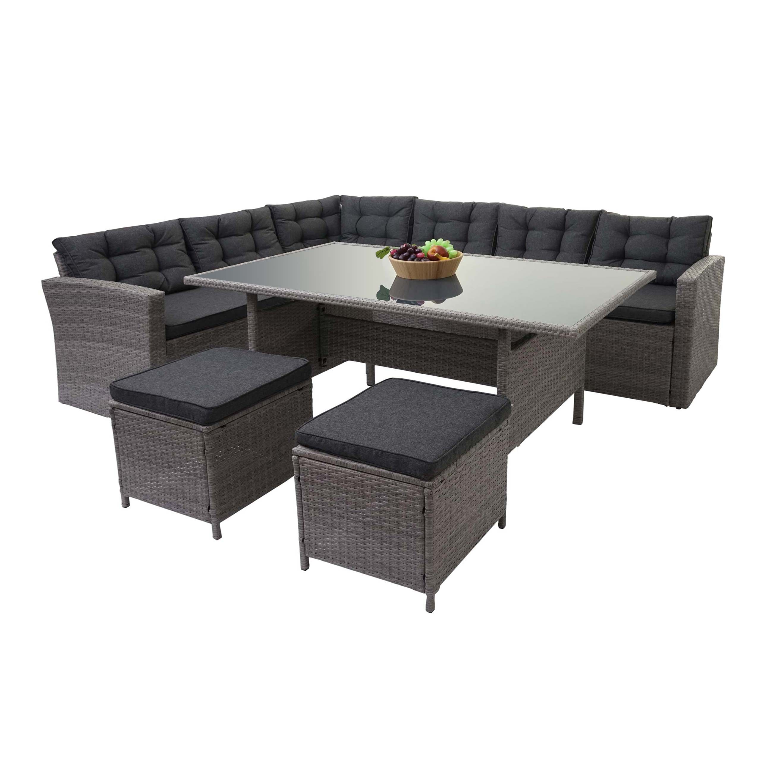 Poly-Rattan-Garnitur MCW-A29, Gartengarnitur Sitzgruppe Lounge-Esstisch-Set Sofa ~ grau, Kissen grau + 2x Hocker - Bild 1