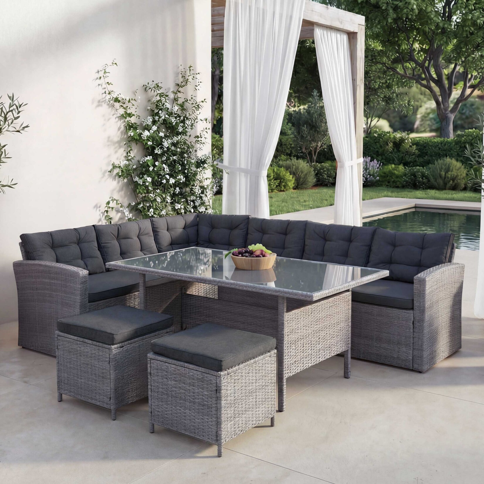 Poly-Rattan-Garnitur MCW-A29, Gartengarnitur Sitzgruppe Lounge-Esstisch-Set Sofa ~ grau, Kissen grau + 2x Hocker