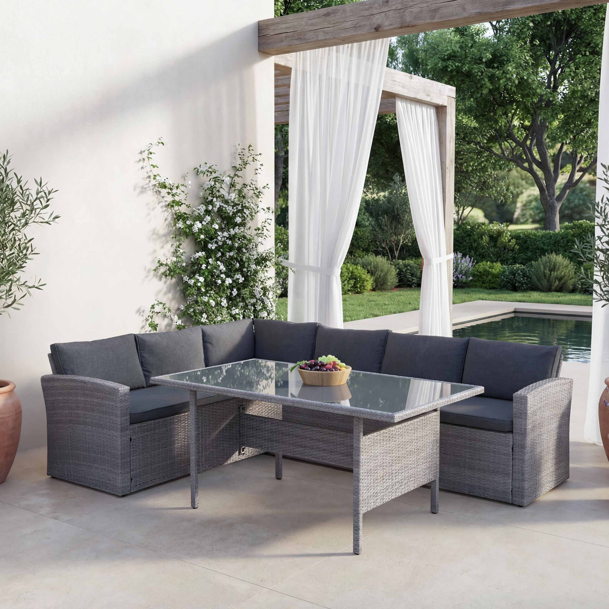 Poly-Rattan-Garnitur MCW-A29, Gartengarnitur Sitzgruppe Lounge-Esstisch-Set Sofa ~ grau, Kissen grau - Bild 1