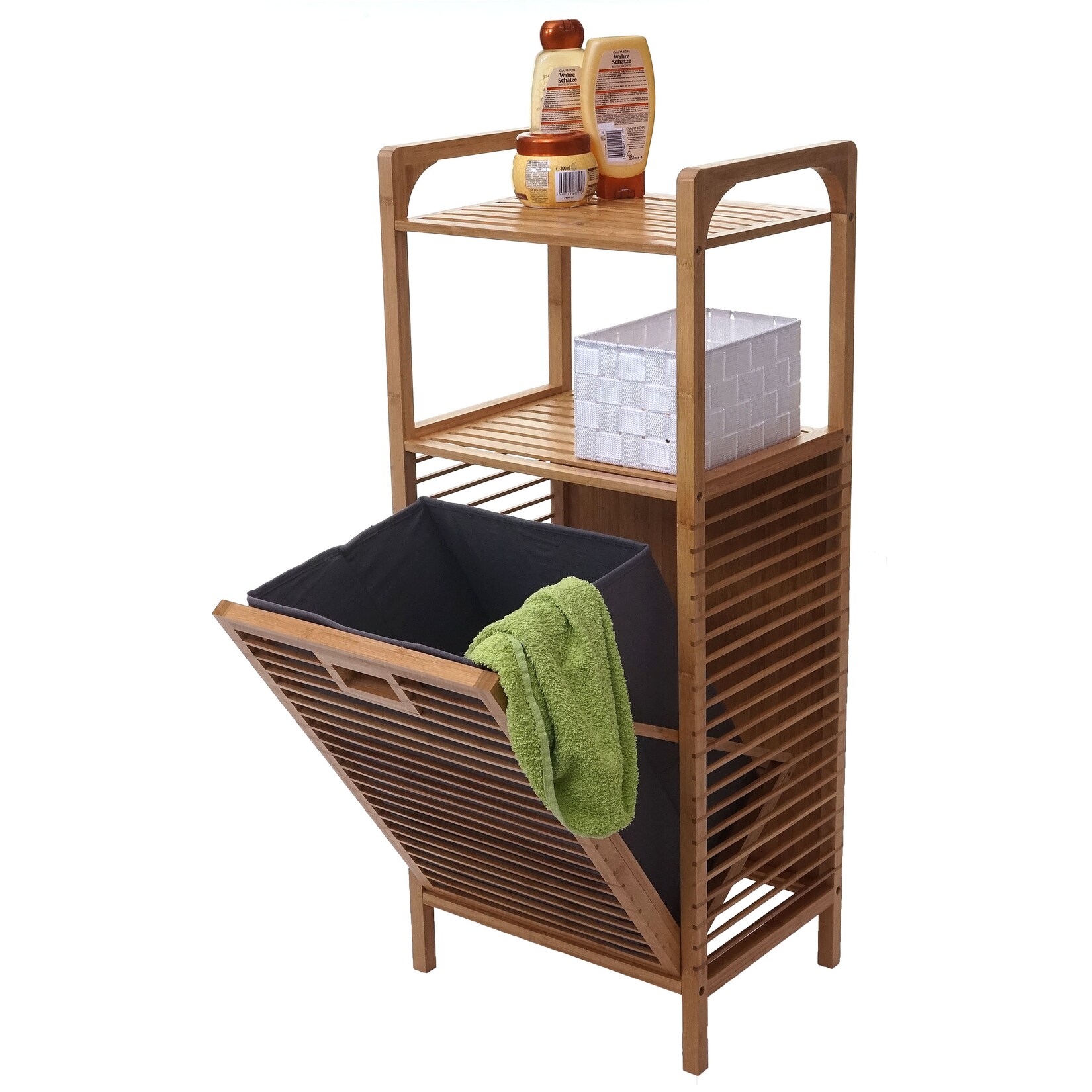 Regal mit Wäschekorb MCW-B94, Wäschebox Wäschesammler Wäschebehälter Standregal Aufbewahrung, Bambus 95x40x30cm 28l